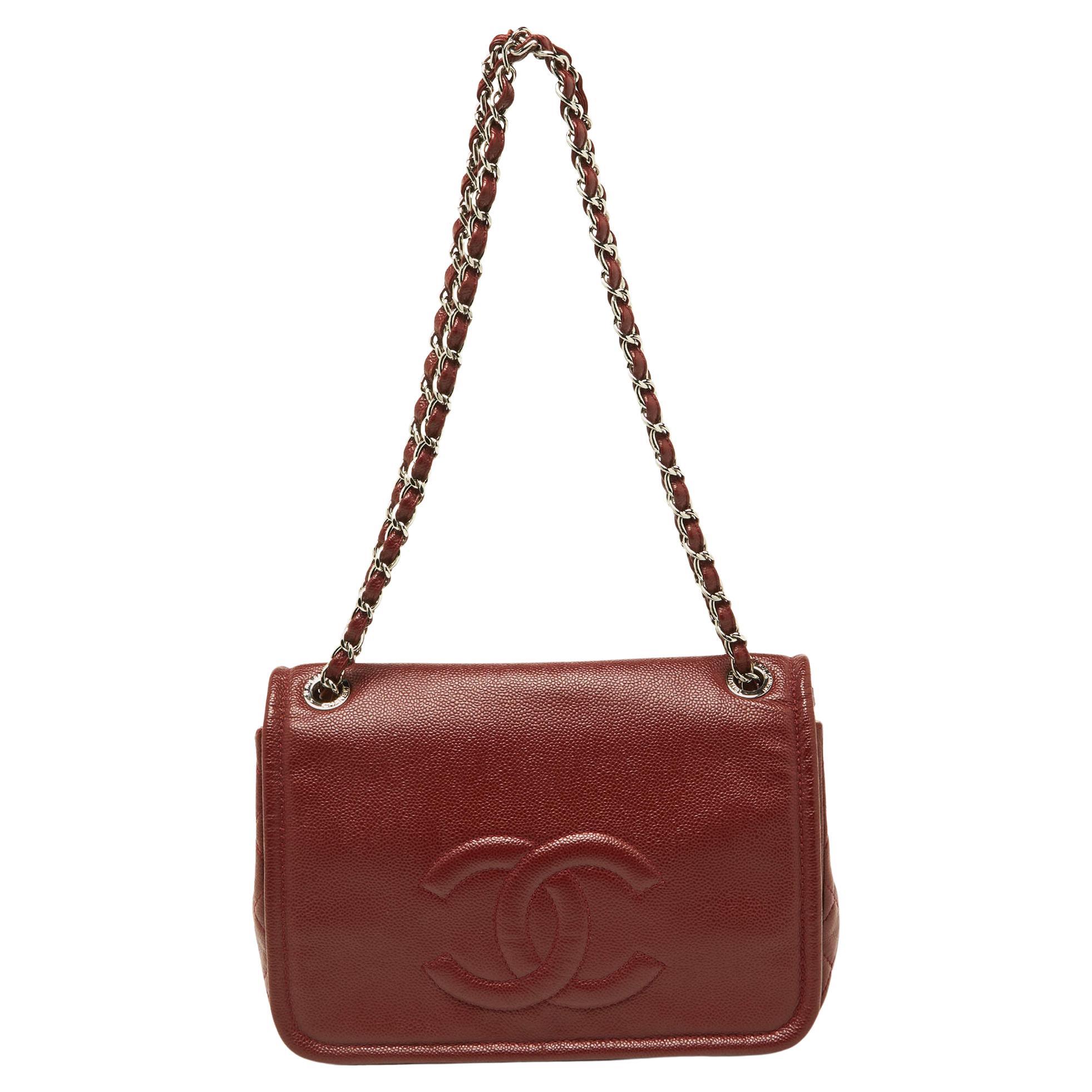 Chanel Dark Red Caviar Leather Large CC Timeless Flap Bag For Sale