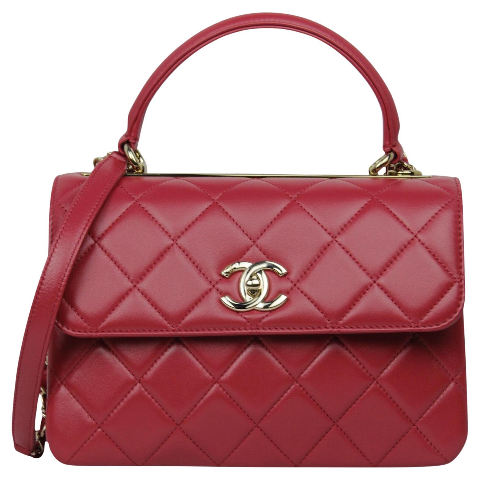 Chanel in pelle d'agnello rosso scuro, piccola e trendy CC con doppio manico