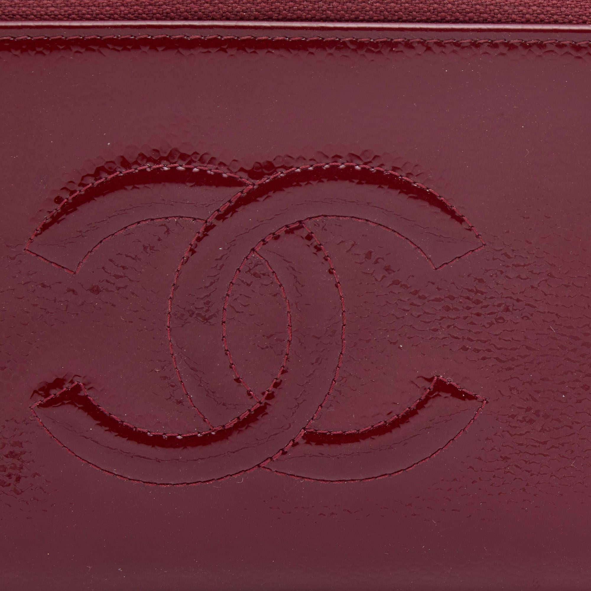 Chanel Dark Red Patent Leather CC Timeless Zip Around Wallet 5