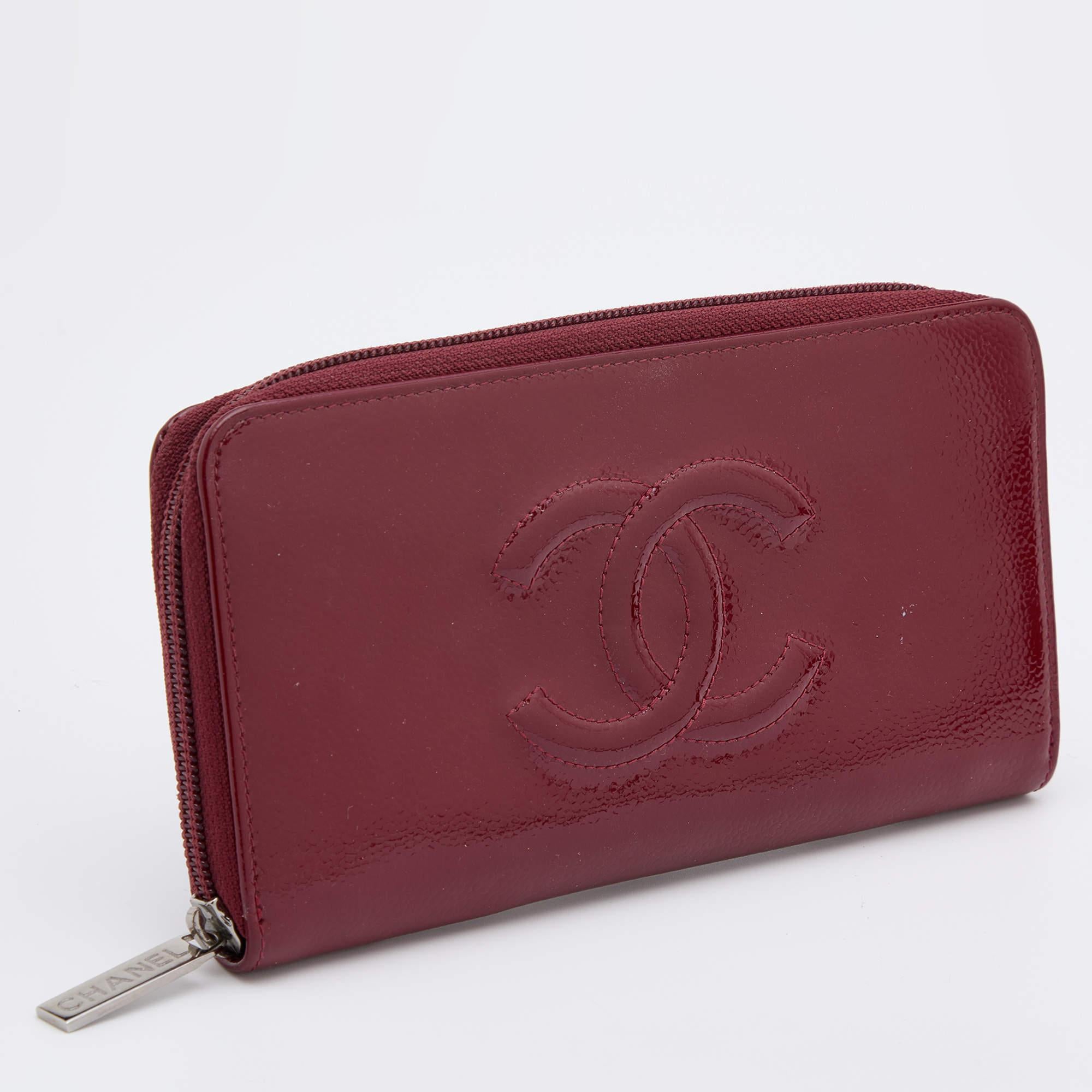 Brown Chanel Dark Red Patent Leather CC Timeless Zip Around Wallet