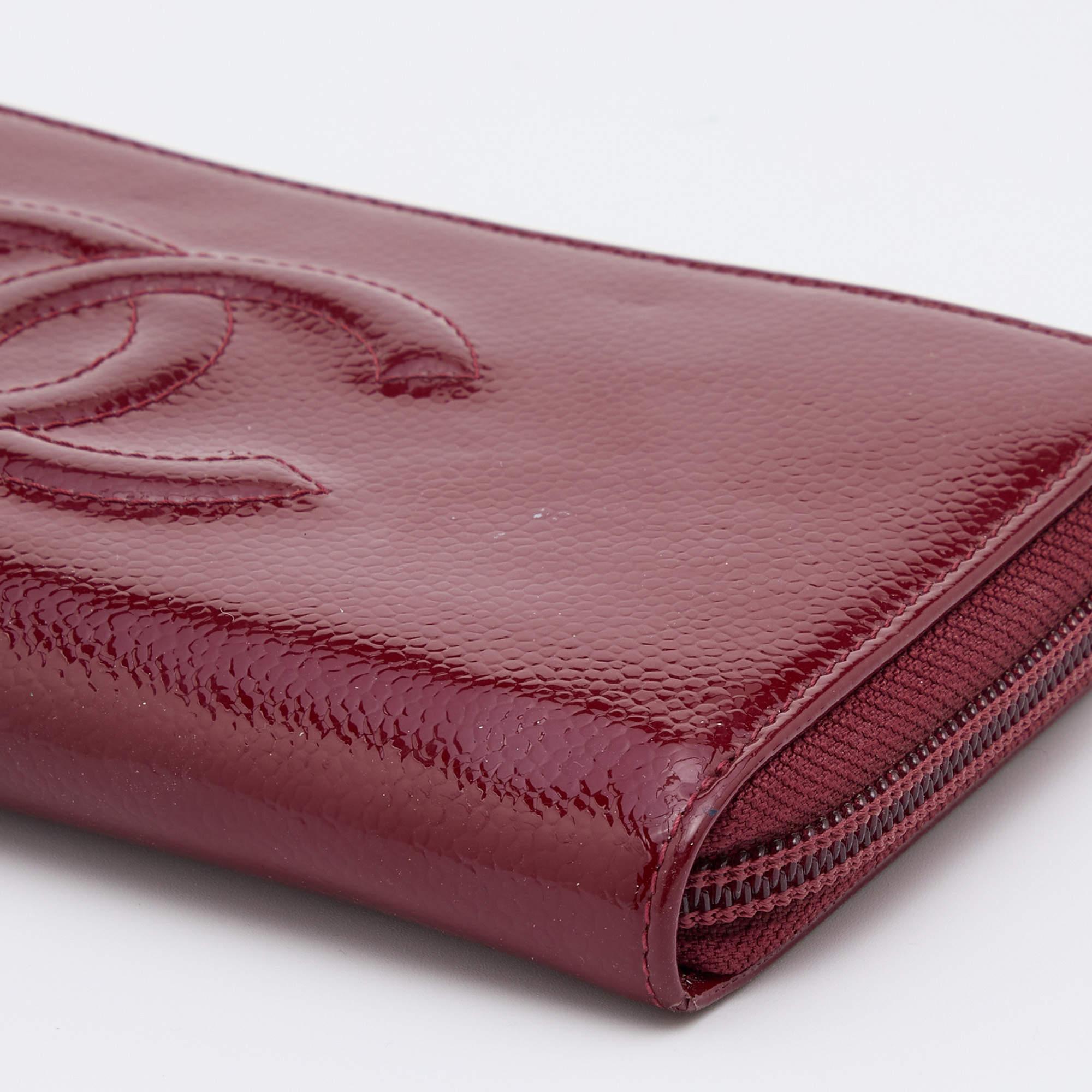Chanel Dark Red Patent Leather CC Timeless Zip Around Wallet 1