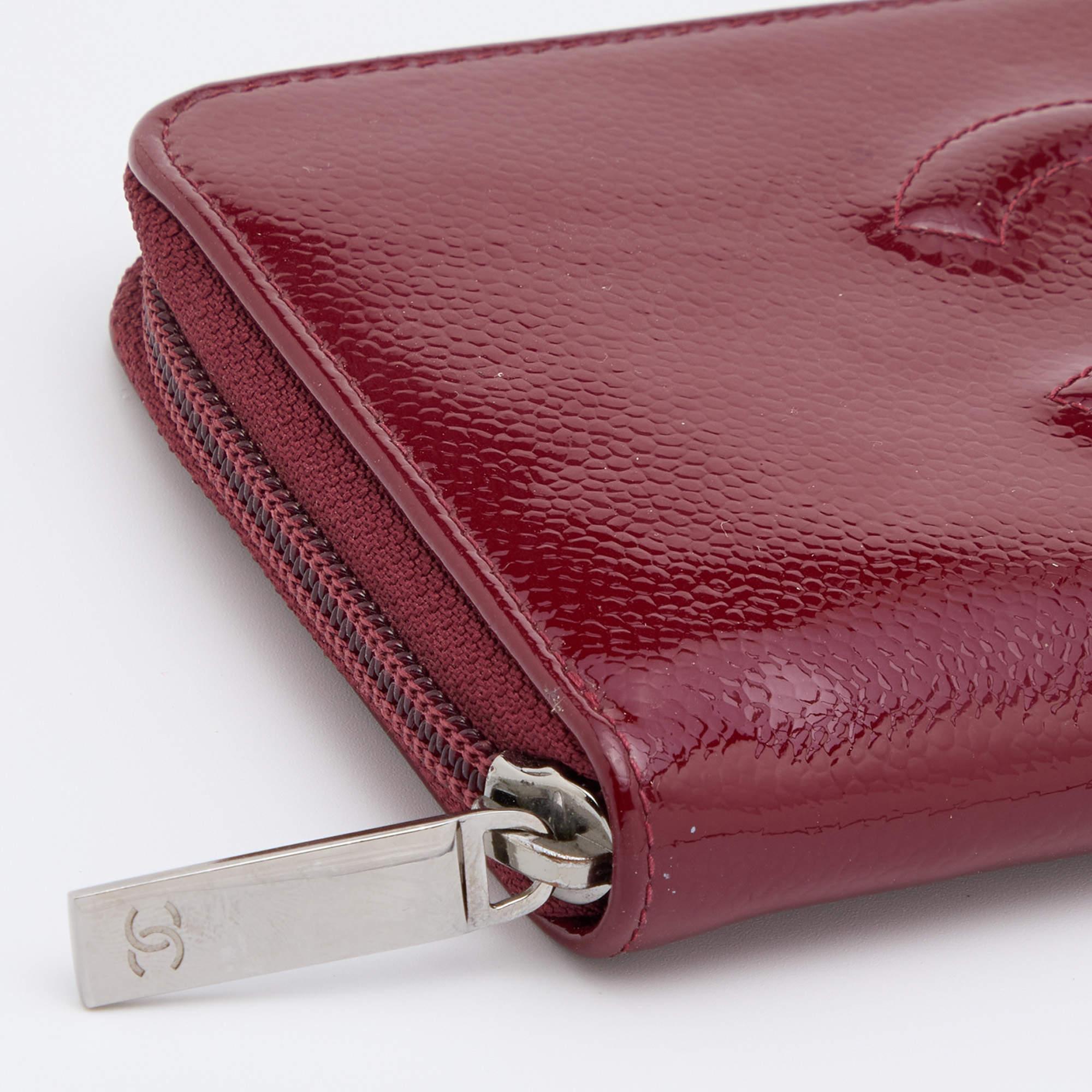 Chanel Dark Red Patent Leather CC Timeless Zip Around Wallet 2