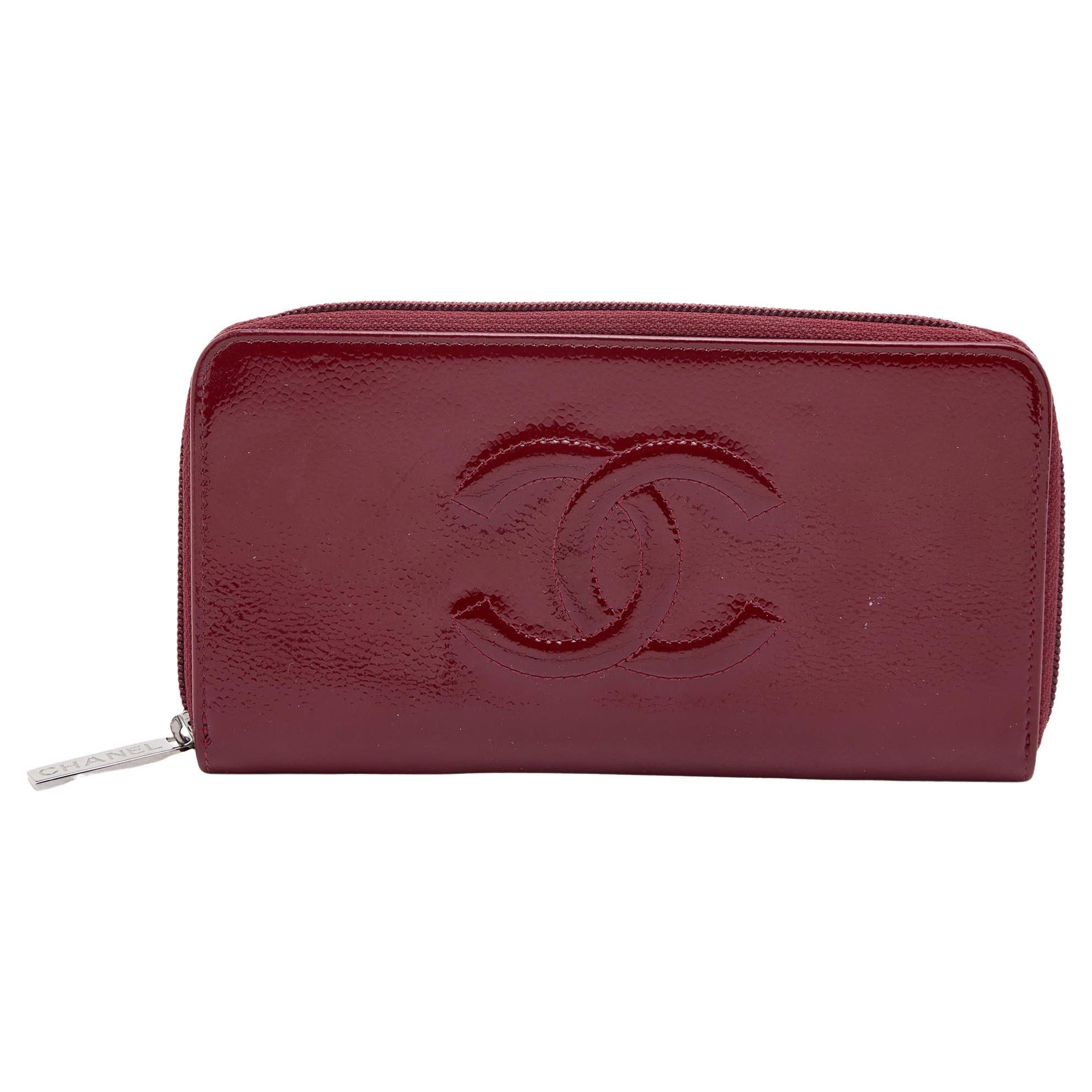 Chanel Dark Red Patent Leather CC Timeless Zip Around Wallet at