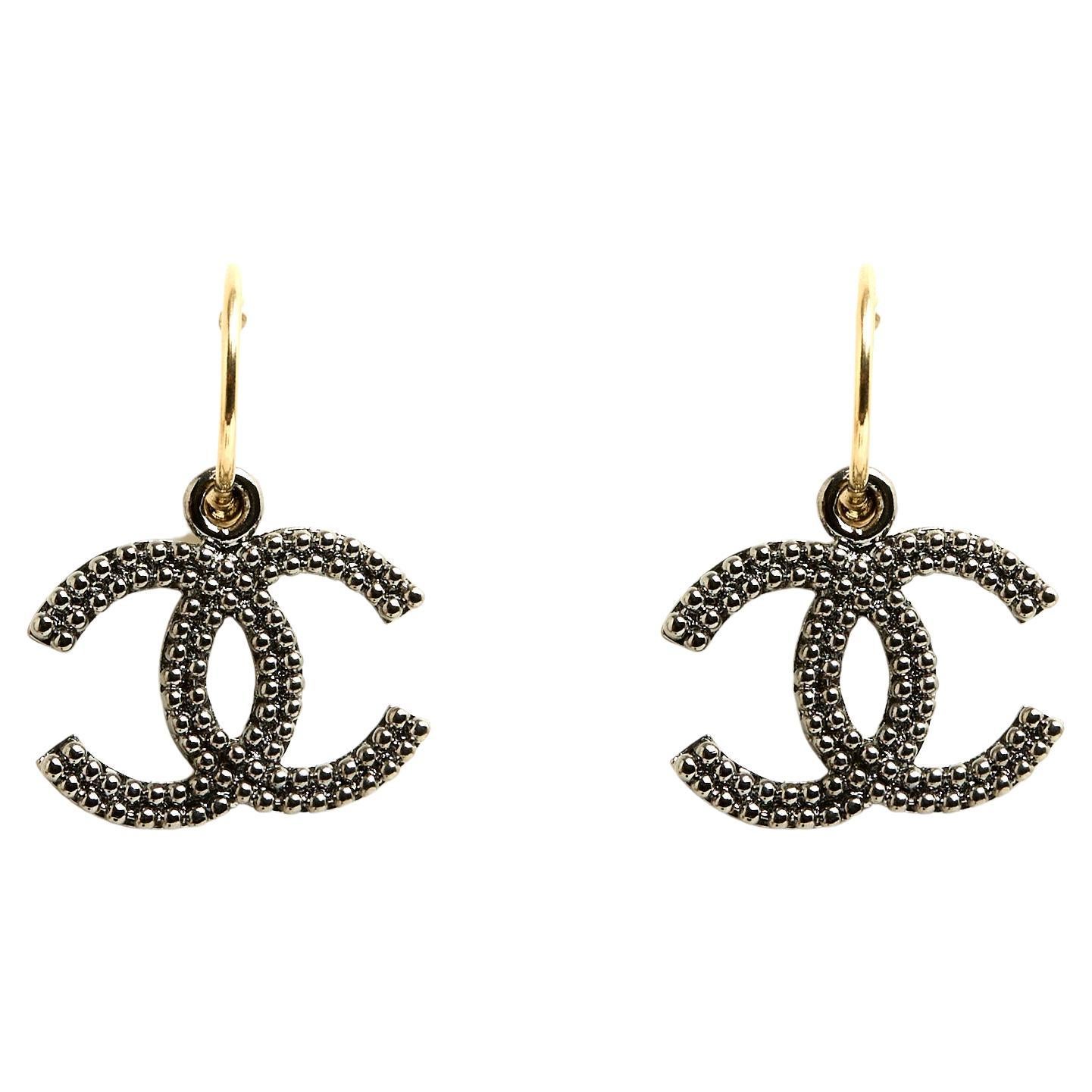 Chanel Dark Silver Maxi CC on golden Hoop Earrings Studs For Sale