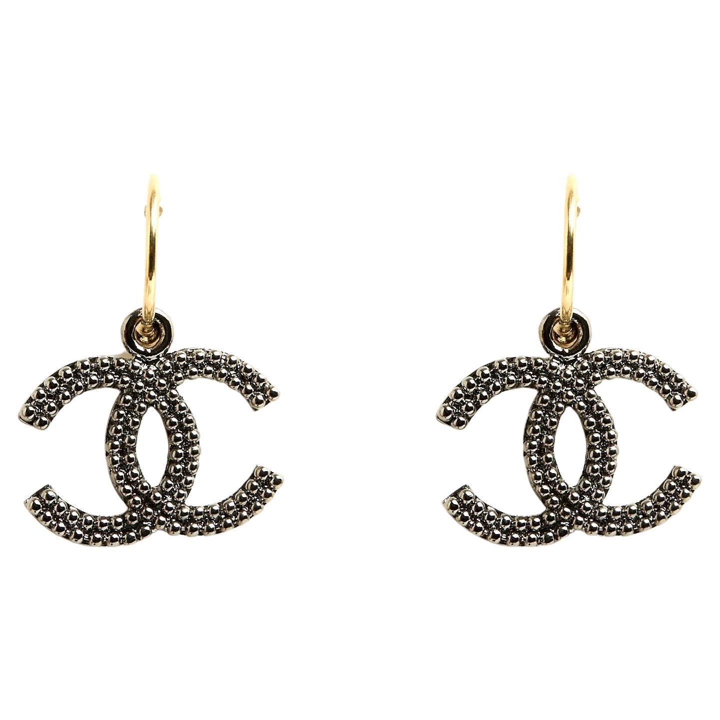 Chanel Dark Silver Maxi CC on golden Hoop Earrings Studs