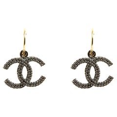 Chanel Dark Silver Maxi CC on golden Hoop Earrings Studs