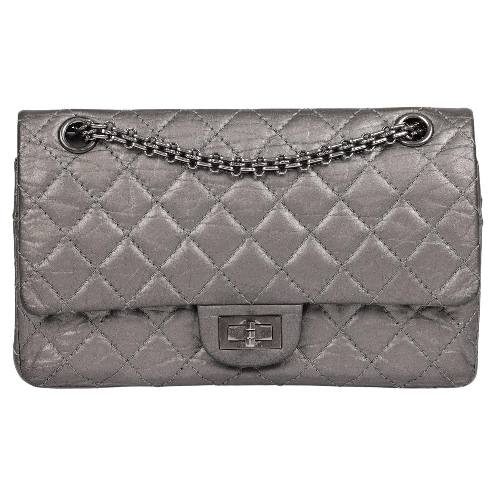Chanel  Dark Silver Metallic Quilted Leather Reissue 225 2.55 Double Flap Bag For Sale