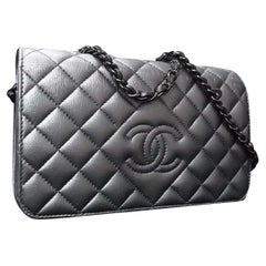 Vintage Chanel Dark Silver Quilted Leather Wallet on Chain Crossbody Flap 2CA1019