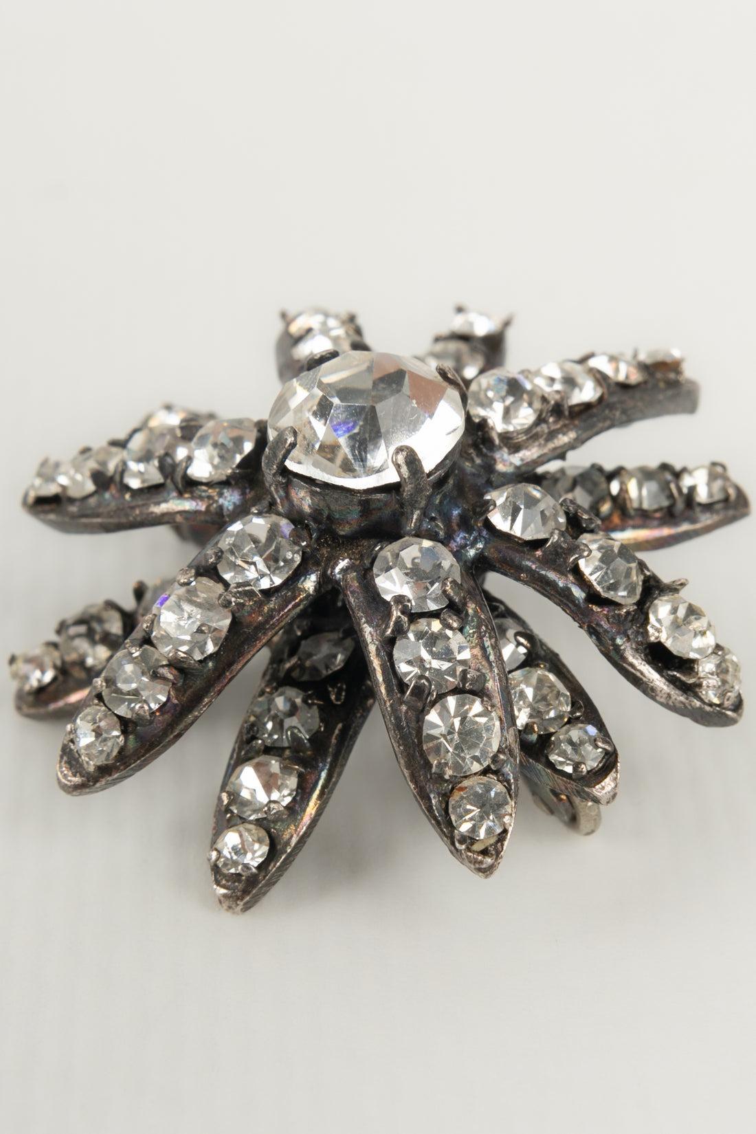 Chanel Dark Silvery Metal Brooch Ornamented with Swarovski Rhinestones For Sale 2