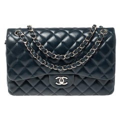 Chanel Dark Teal Quilted Caviar Leather Jumbo Classic Double Flap Bag