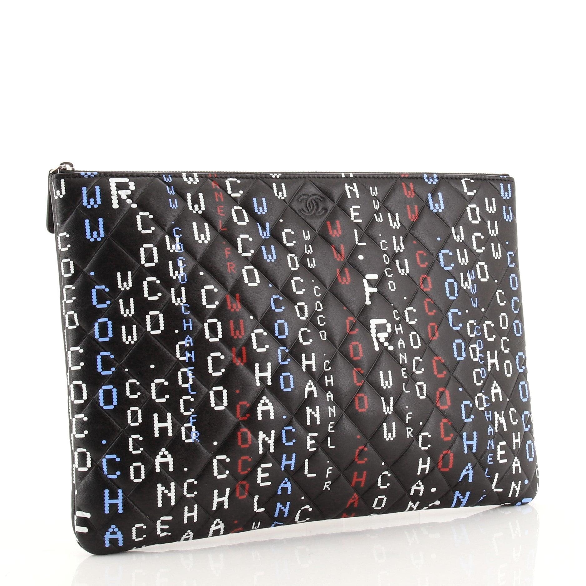 Black Chanel Data Center O Case Clutch Quilted Printed Lambskin Large