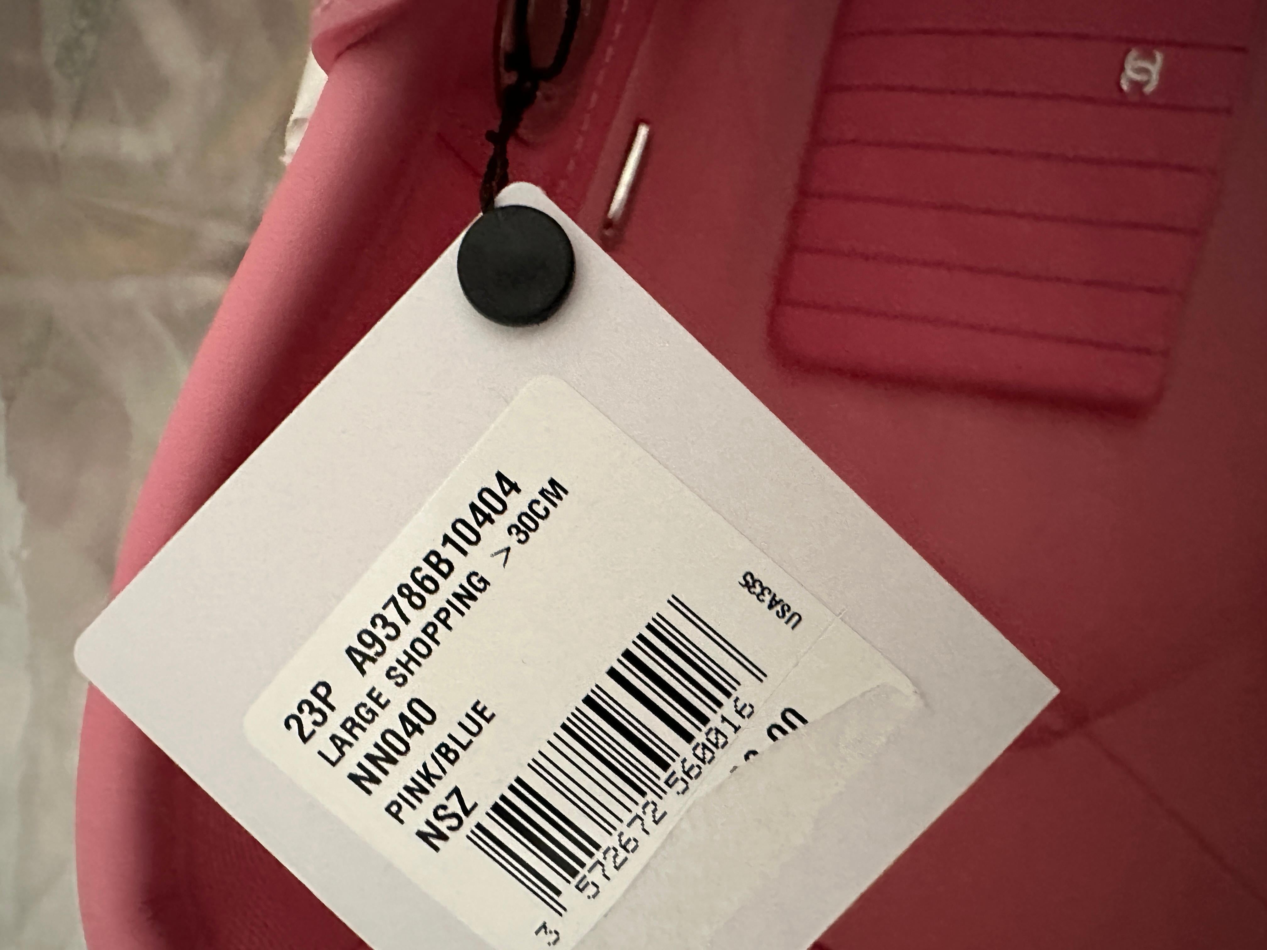 Chanel Deauville Canvas Calfskin Striped Extra Large Deauville Tote Pink  New For Sale 6