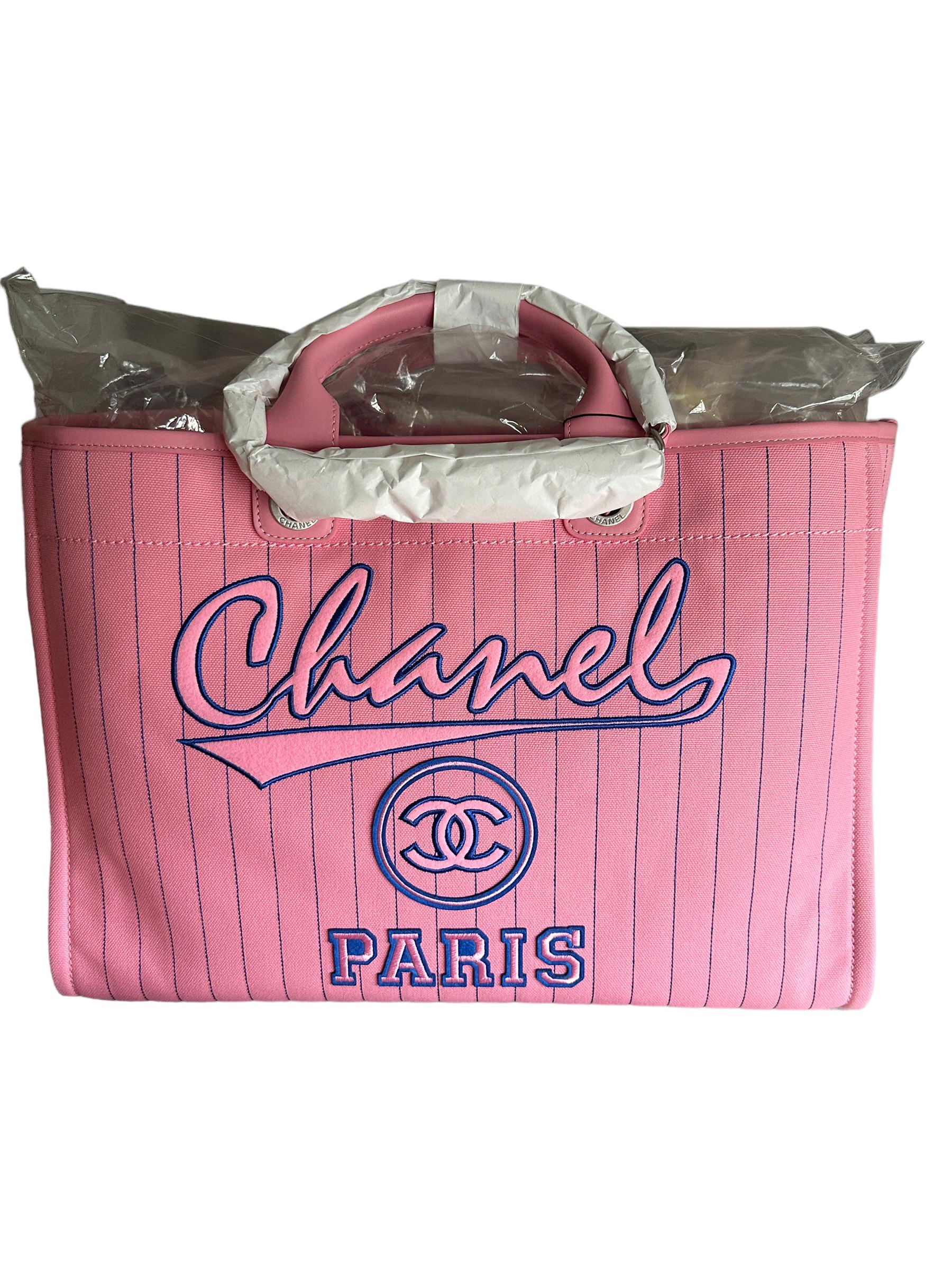 Chanel Deauville Canvas Calfskin Striped Extra Large Deauville Tote Pink  New For Sale 7