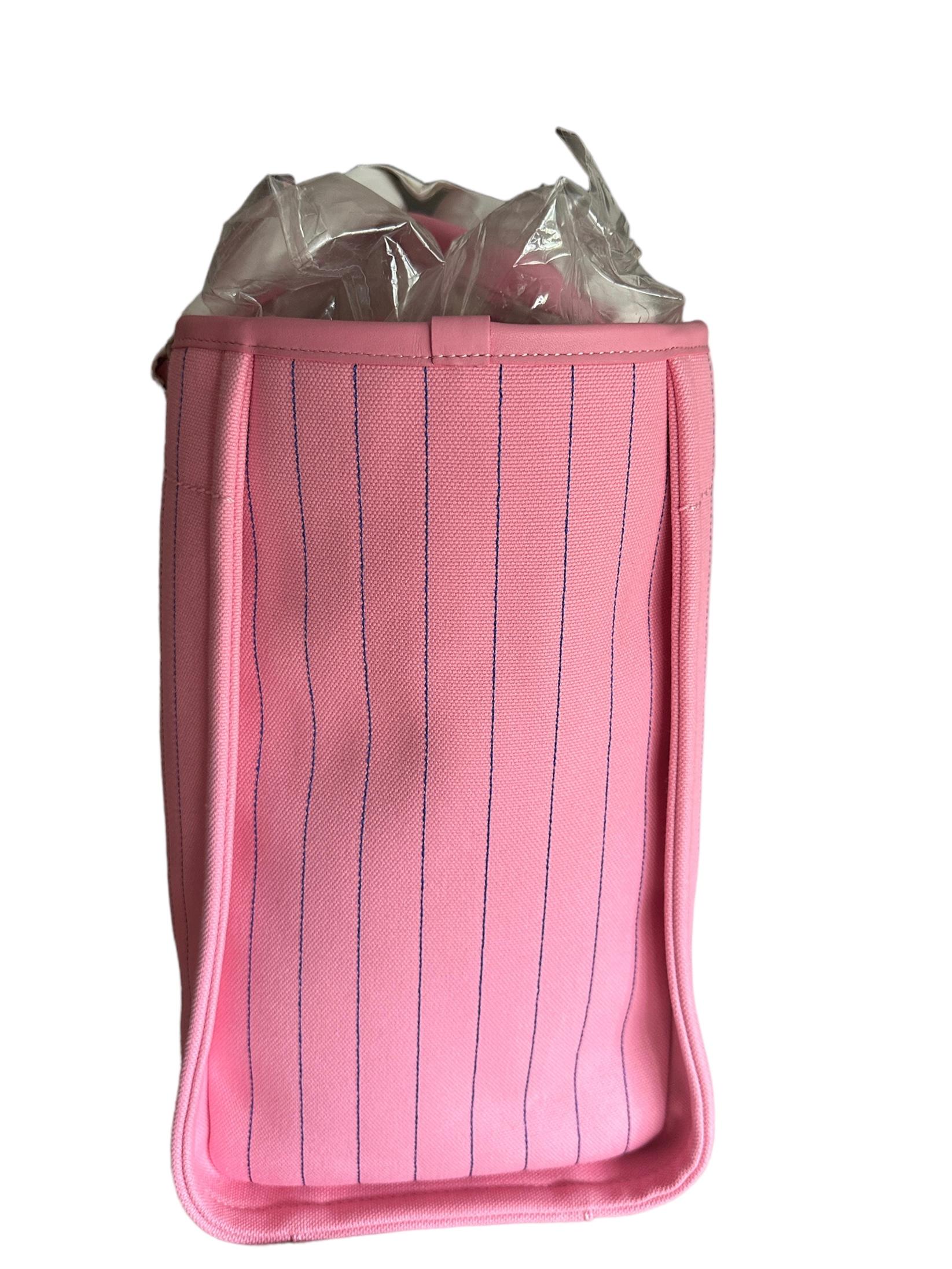 Chanel Deauville Canvas Calfskin Striped Extra Large Deauville Tote Pink  New In New Condition For Sale In West Chester, PA