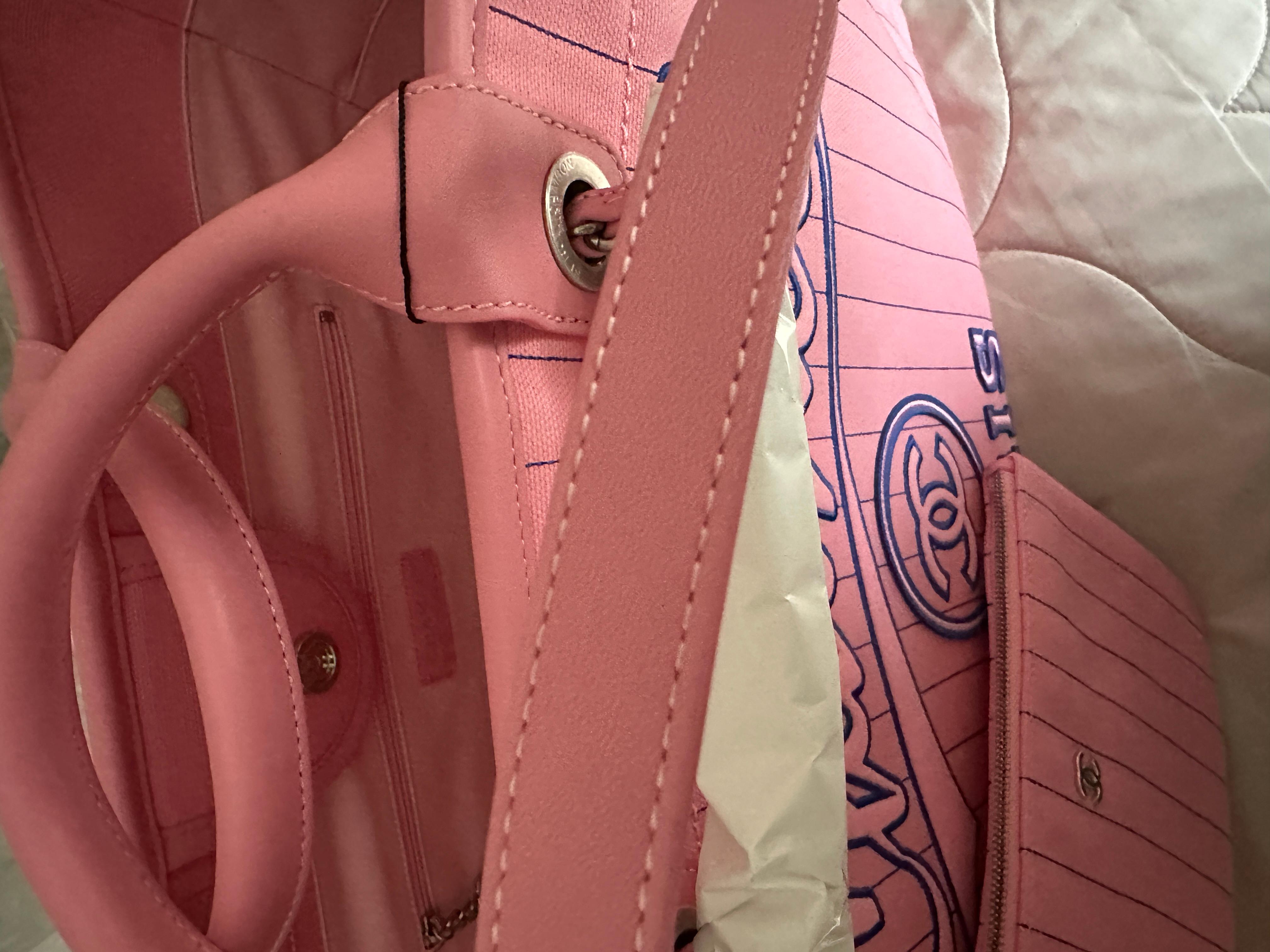 Chanel Deauville Canvas Calfskin Striped Extra Large Deauville Tote Pink  New For Sale 4