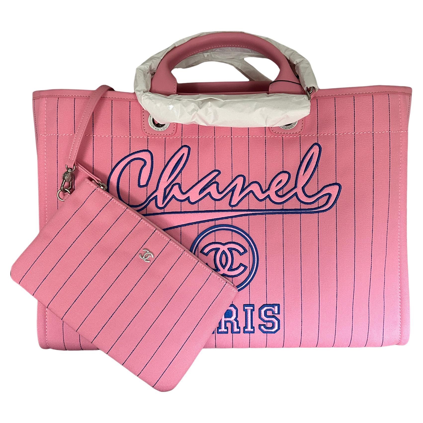 Chanel Deauville Canvas Calfskin Striped Extra Large Deauville Tote Pink  New For Sale