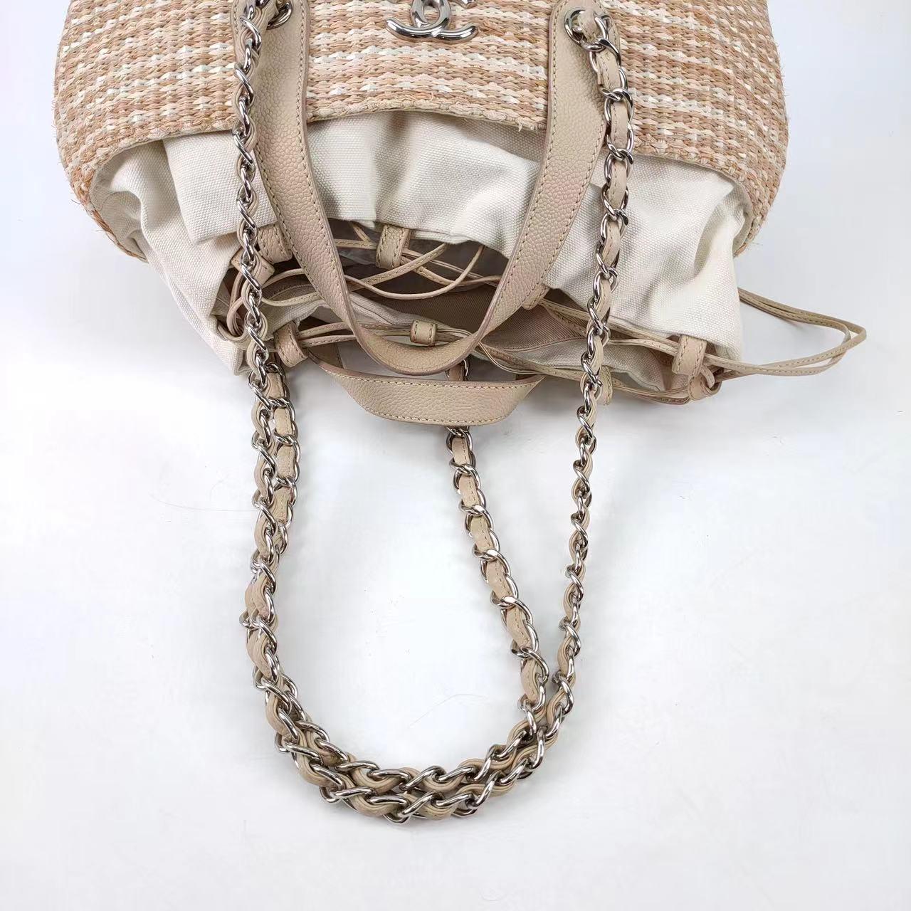 Chanel Deauville Chain Shoulder Bag Beige Raffia and Tweed 10