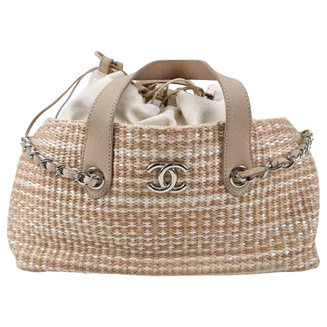 Chanel Deauville Chain Shoulder Bag Beige Raffia and Tweed
