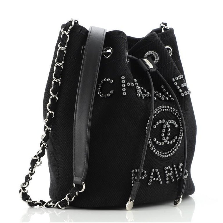 Chanel Deauville Drawstring Bucket Bag Pearl Embellished Canvas Medium