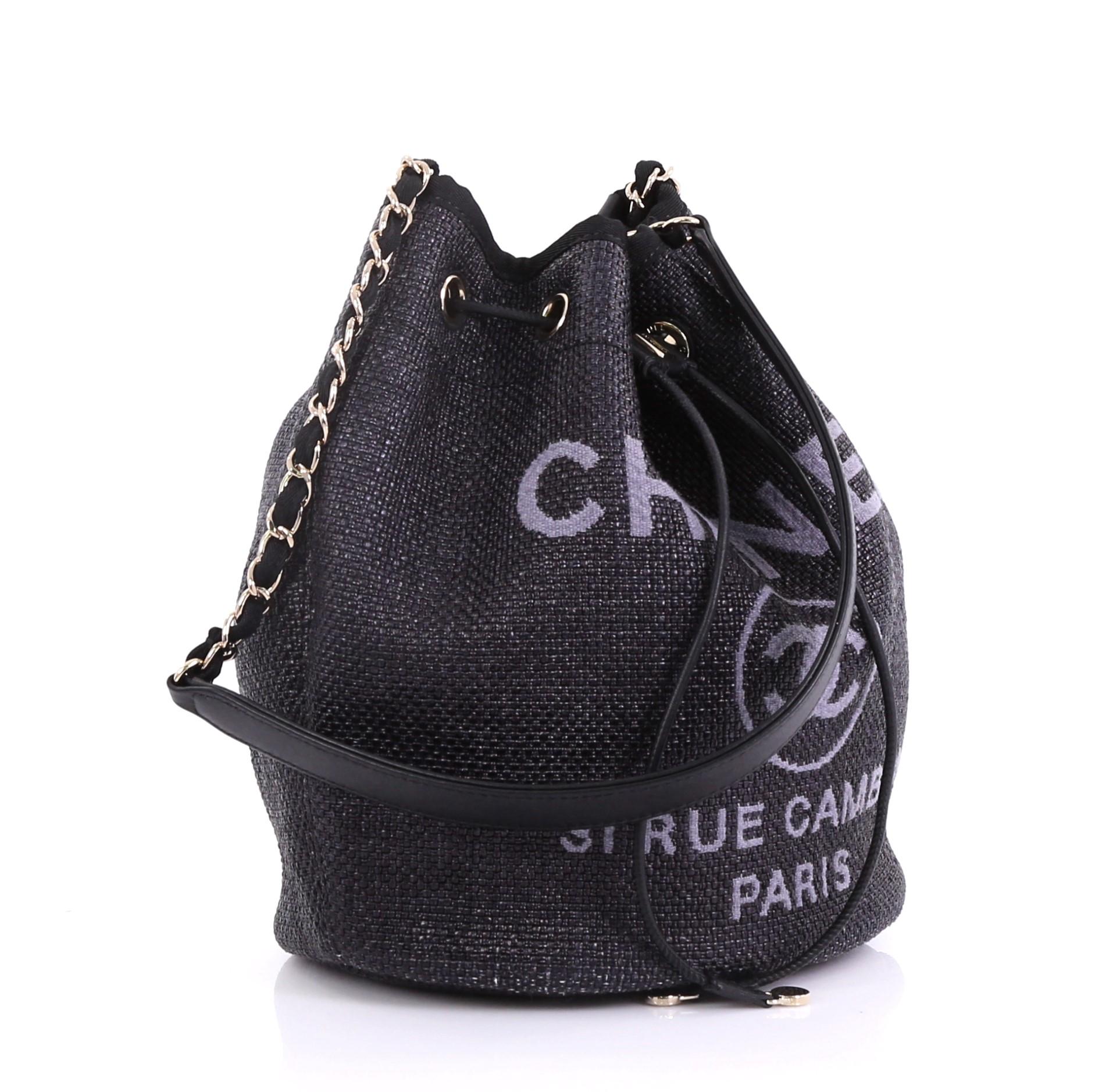 Black Chanel Deauville Drawstring Bucket Bag Raffia Medium