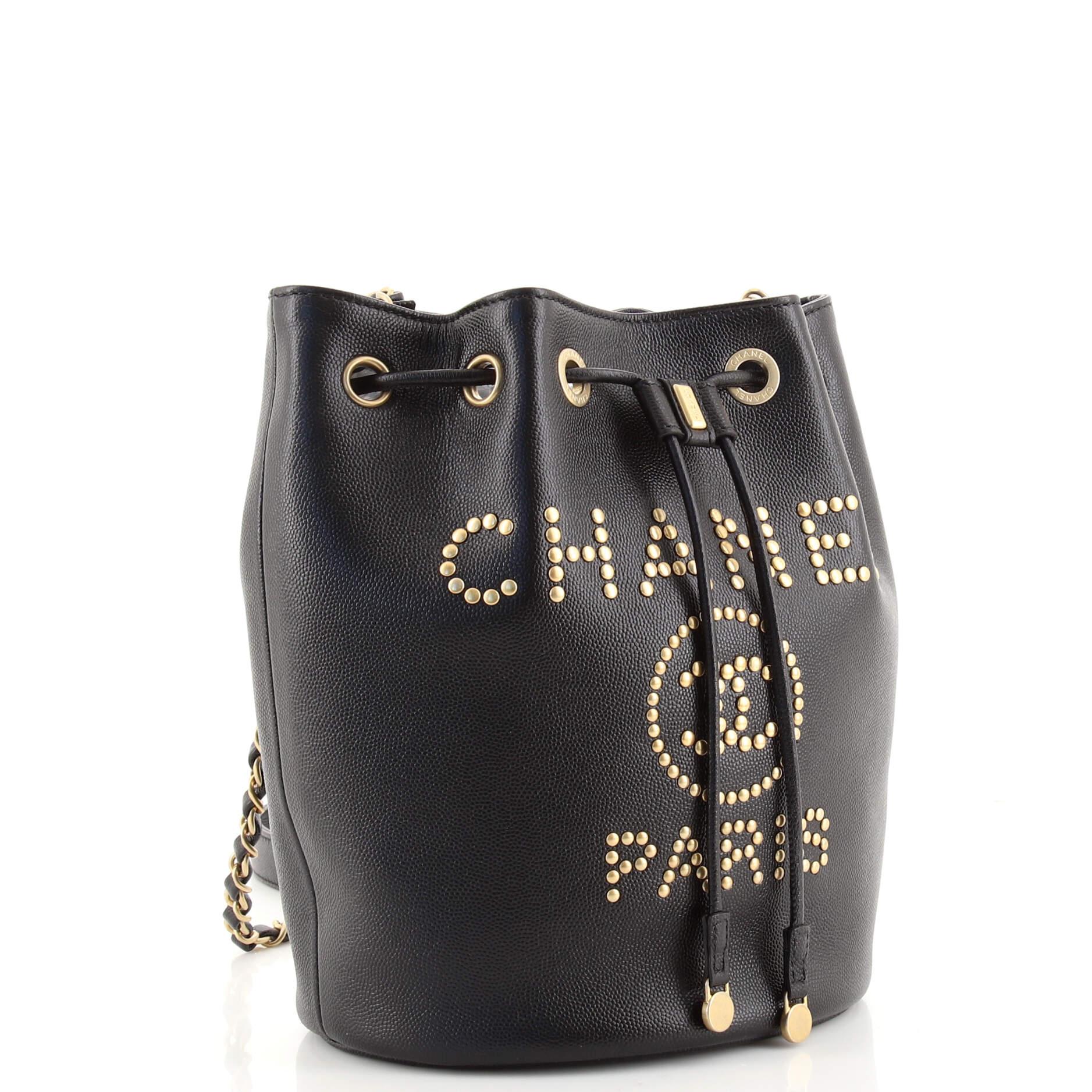Black Chanel Deauville Drawstring Bucket Bag Studded Caviar Medium