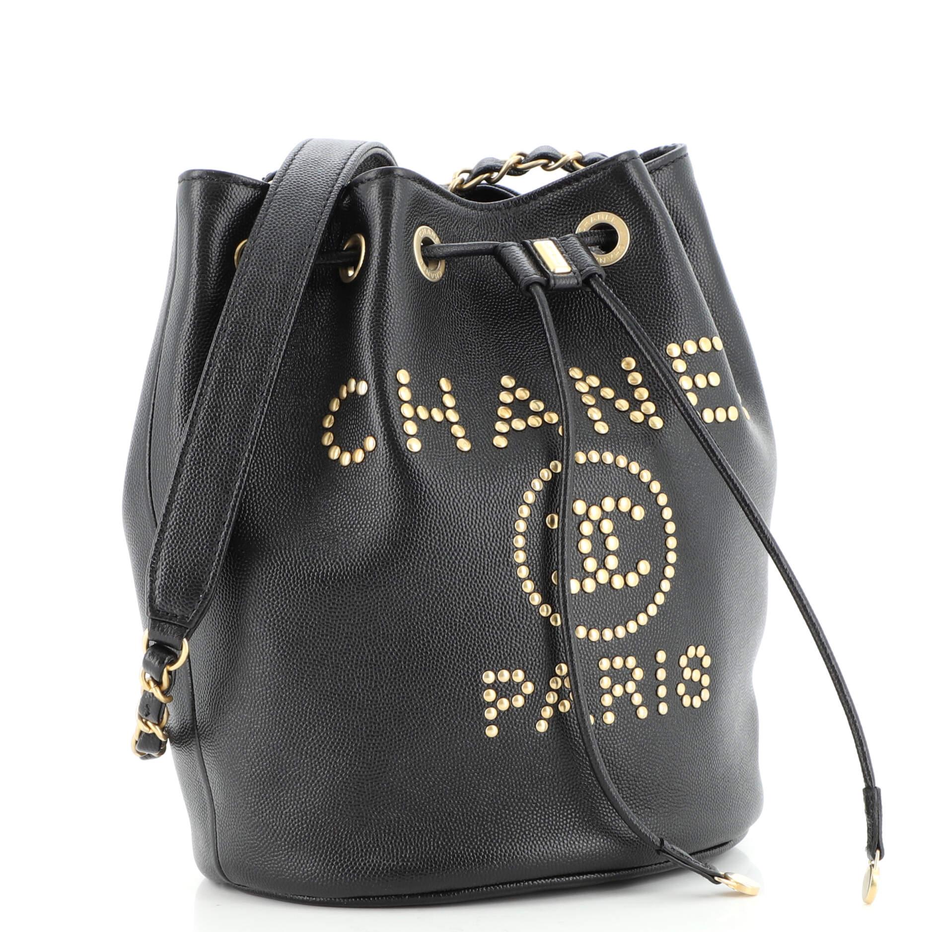 Chanel Deauville Drawstring Bucket Bag Studded Caviar Medium In Good Condition In NY, NY