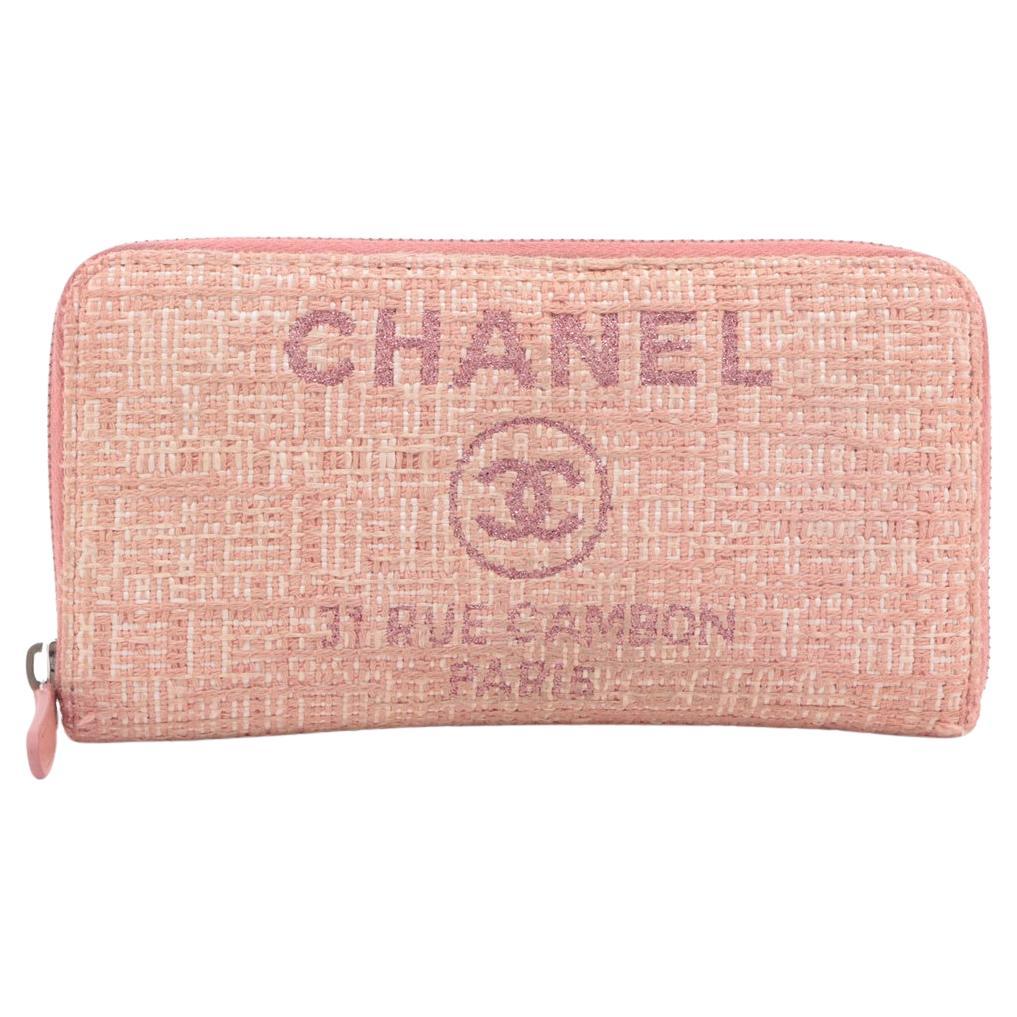 Chanel Deauville - Portafoglio lungo con zip e rafia in pelle - Rosa