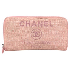 Chanel Deauville Leather Raffia Zip Around Long Wallet Pink