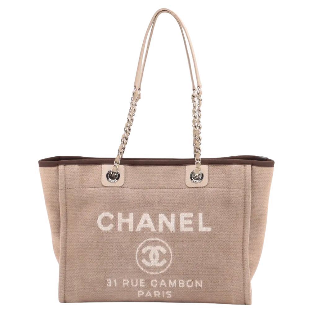 *Chanel Deauville MM Canvas Leather Chain Tote Bag Beige