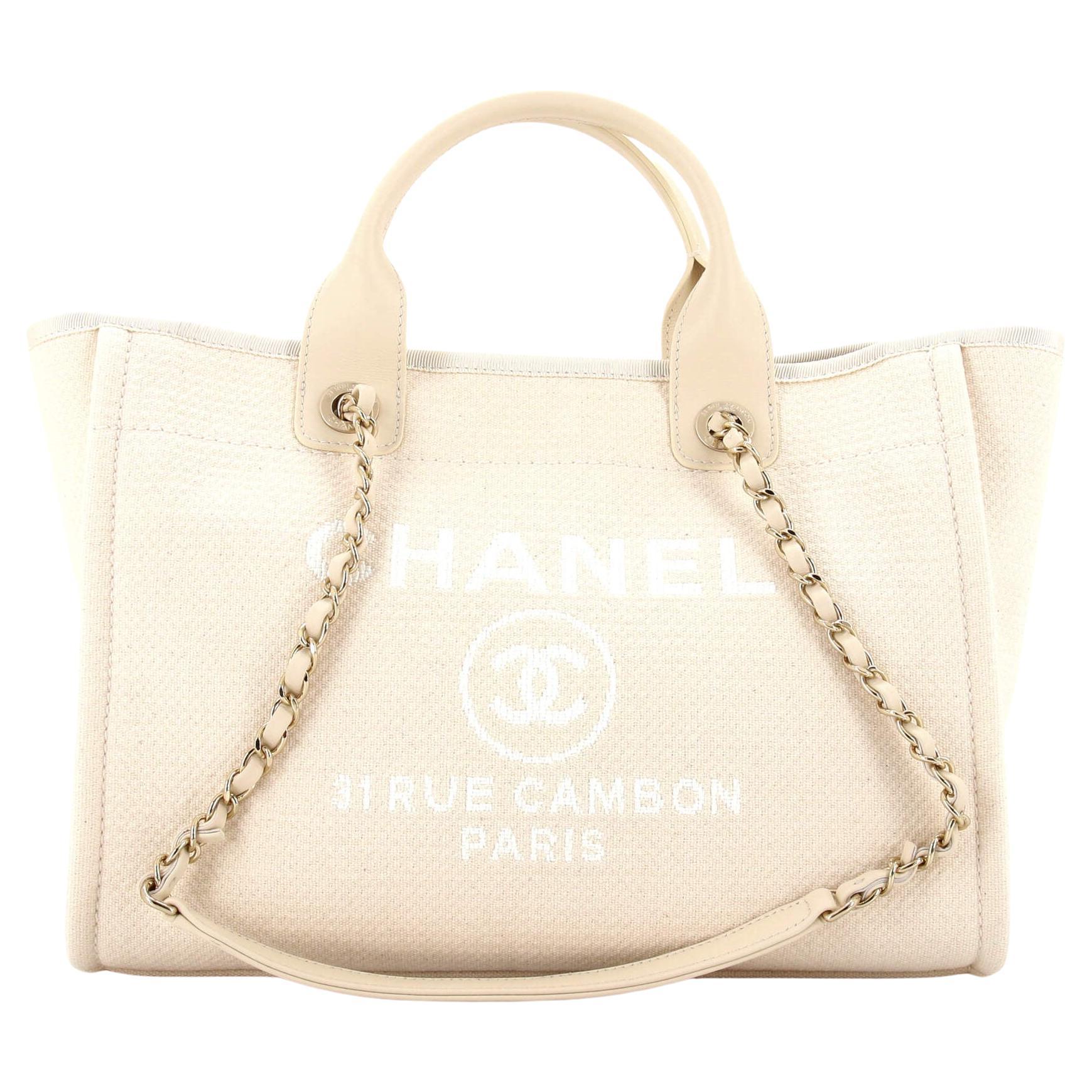 Chanel Deauville NM Chain Handle Tote Mixed Fibers Small Neutral