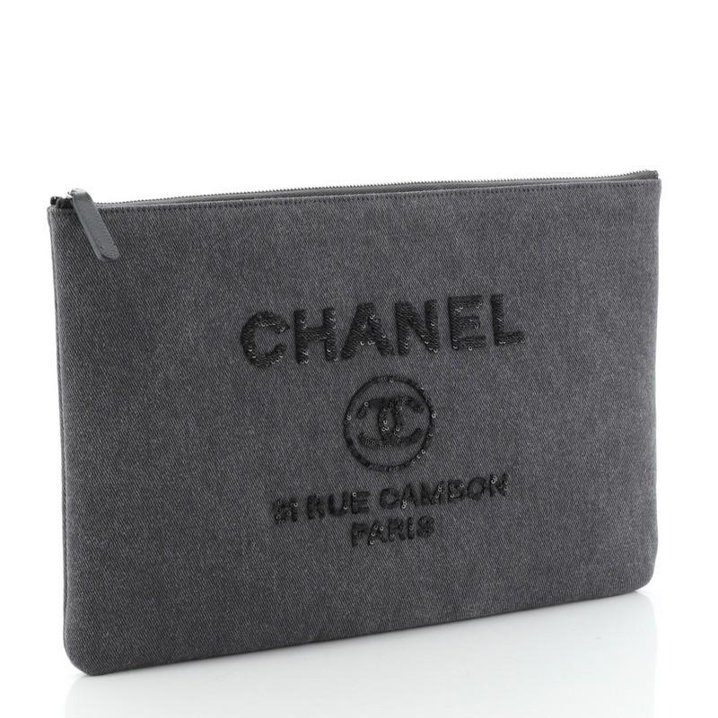 Black Chanel Deauville Pouch Denim with Sequins Large