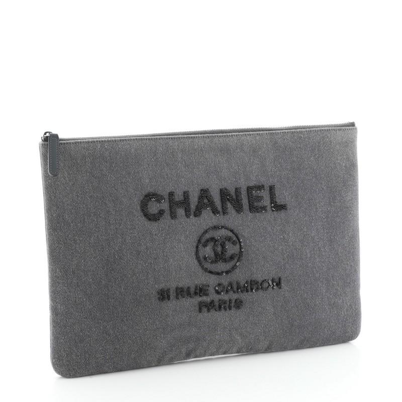 Gray Chanel Deauville Pouch Denim with Sequins Large