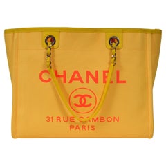 Chanel Deauville Shopper Tote Yellow Small CC Logo Orange Pink Mixed Fibers
