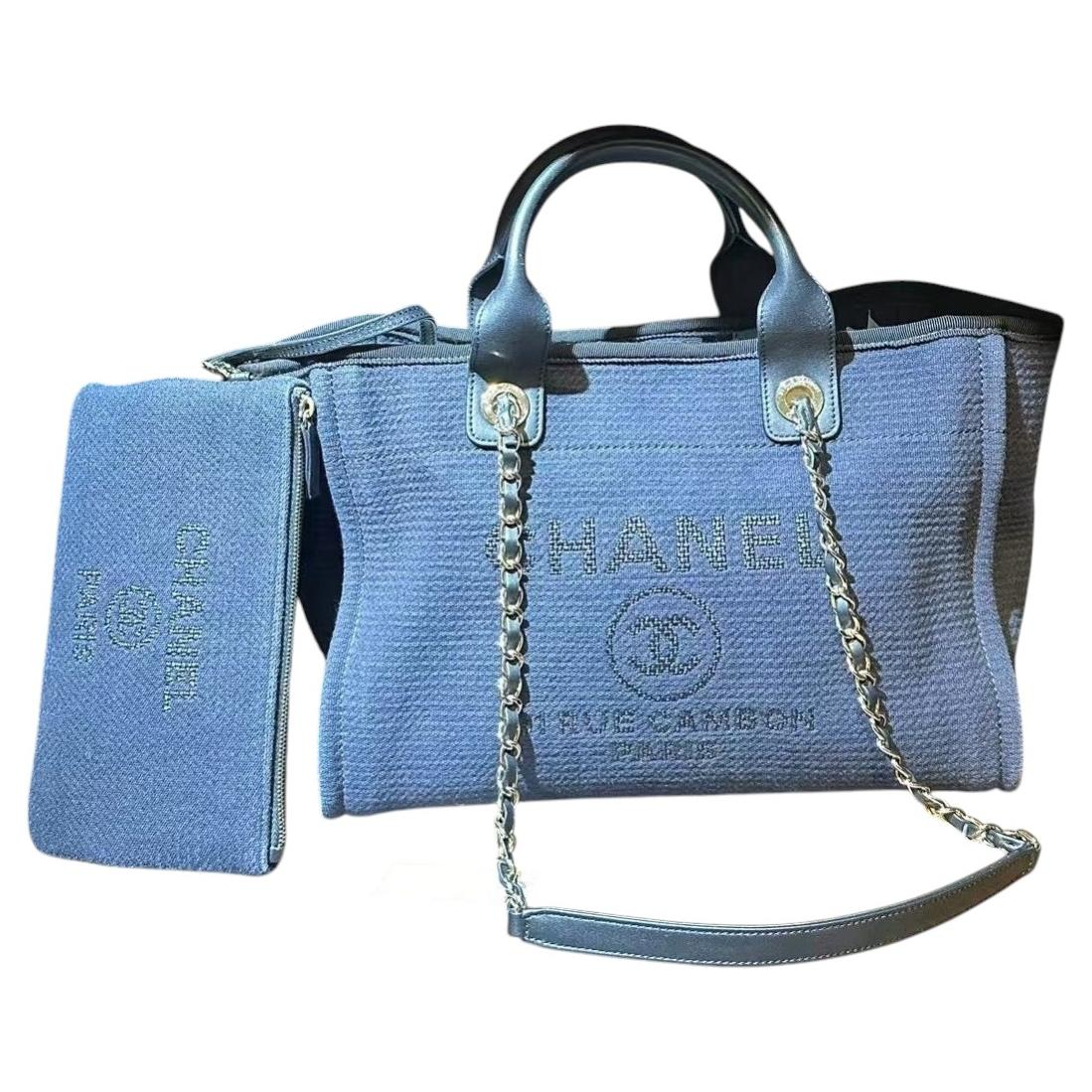 Chanel Deauville Shopping Tote Blue Denim Canvas with Removable Pouch
