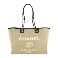 Chanel Ecru Canvas & Tan Lambskin Leather Pearl Medium Deauville Tote