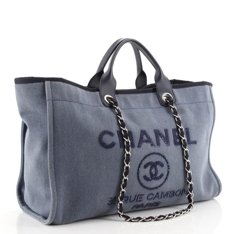 Chanel Classic Deauville Large Metallic Gold Navy Blue Denim Tote Bag 2019  at 1stDibs