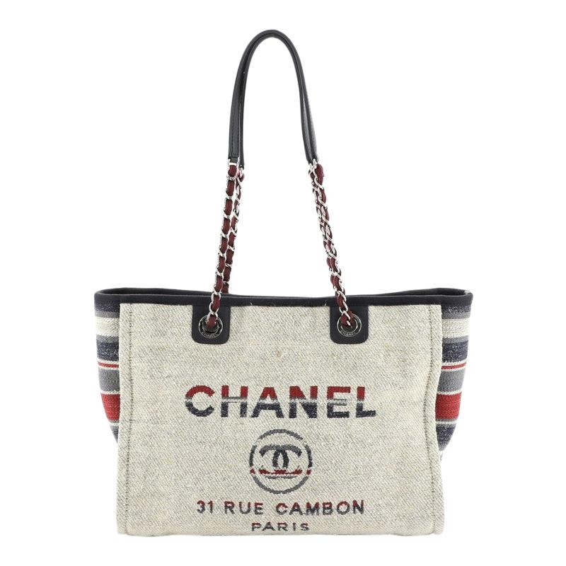 Chanel Deauville Tote Canvas With Striped Detail Small 