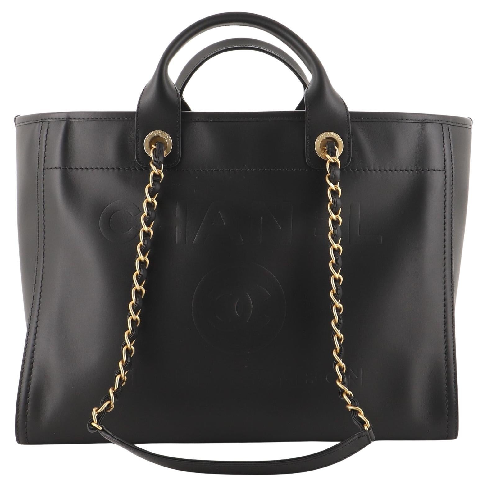 CHANEL DEAUVILLE LEATHER LARGE SHOPPER BLACK WITH GOLD HARDWARE. SOLD OUT .