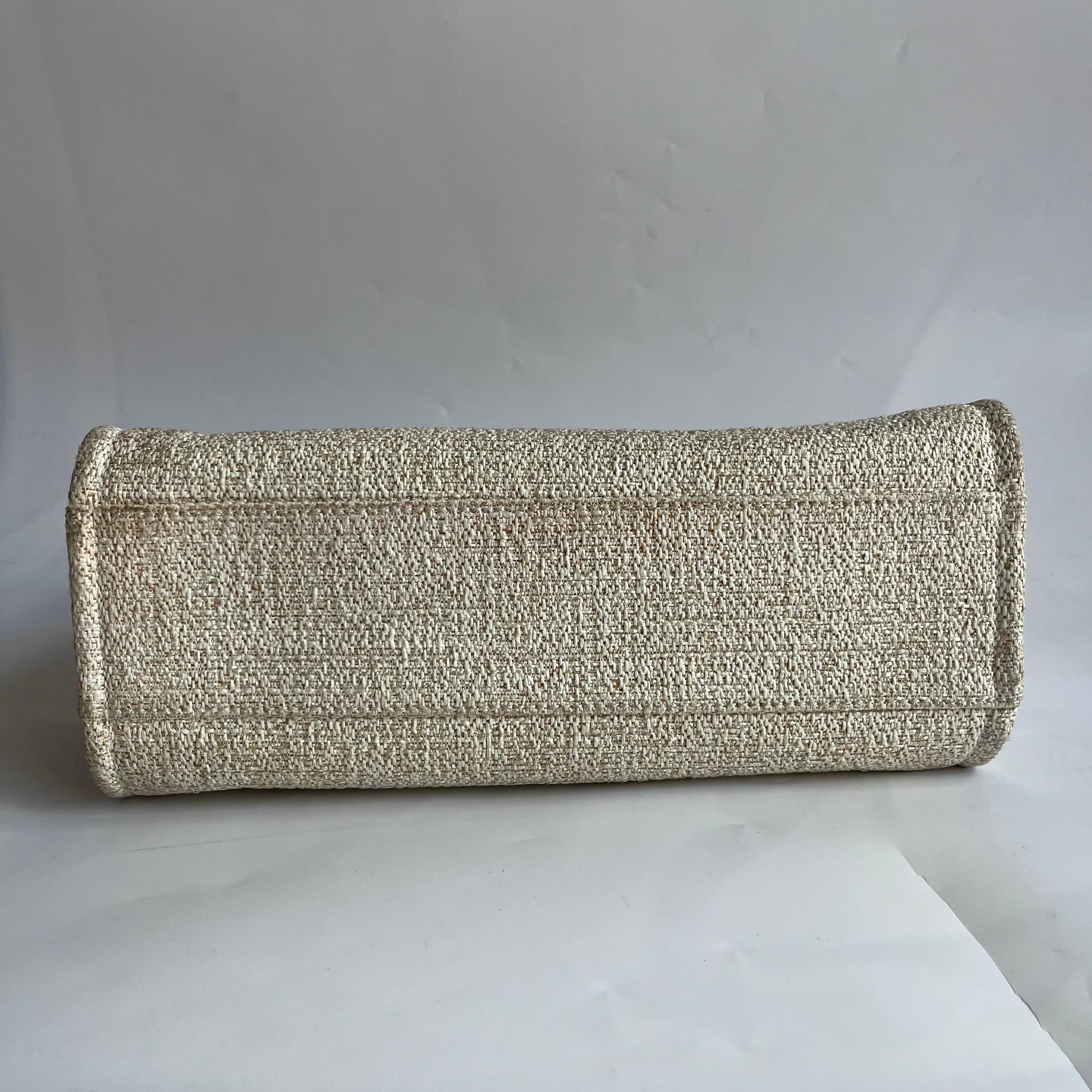 Chanel Deauville Tote Gold Beige Cloth Leather Chain Strap Small 34cm en vente 7