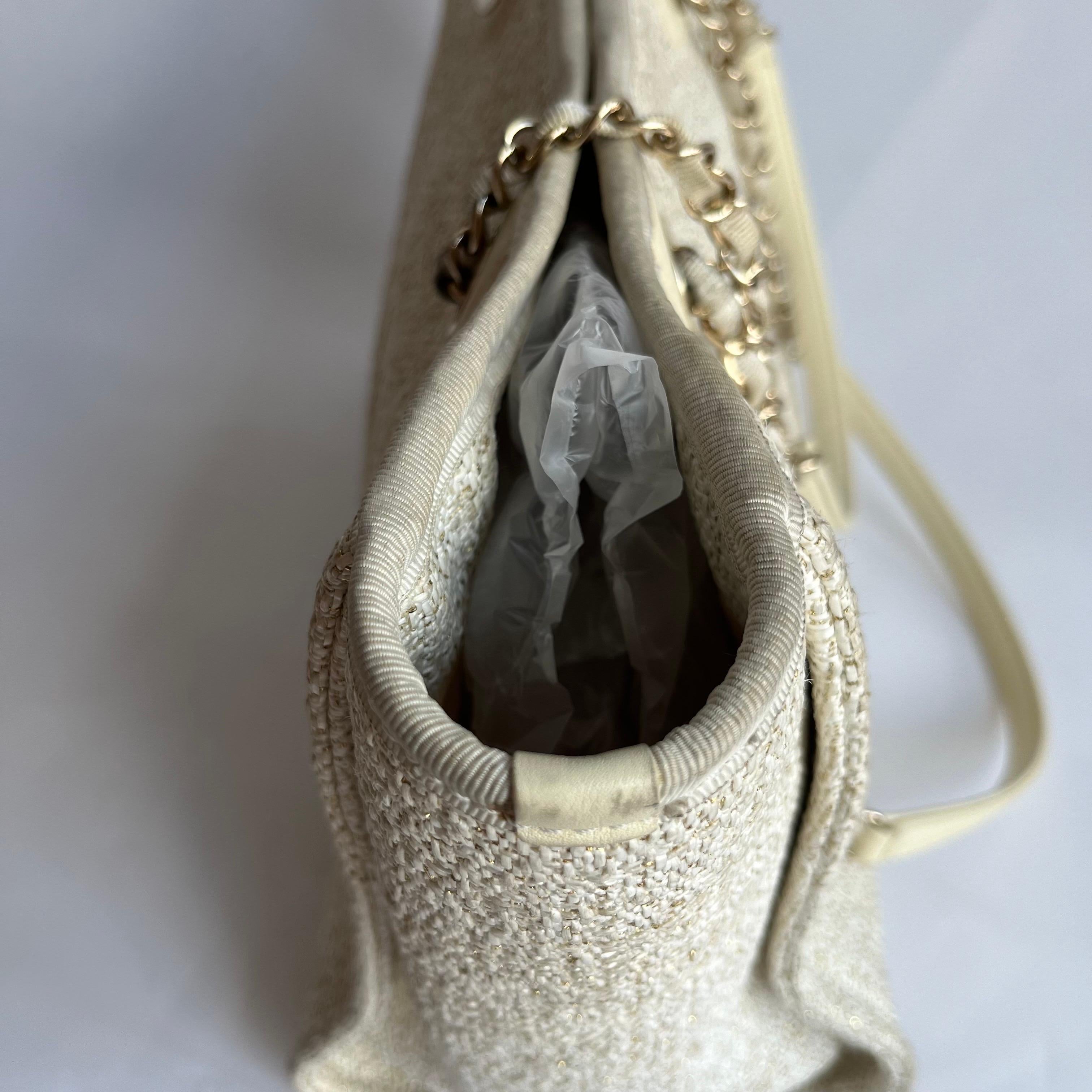 Chanel Deauville Tote Gold Beige Cloth Leather Chain Strap Small 34cm en vente 8