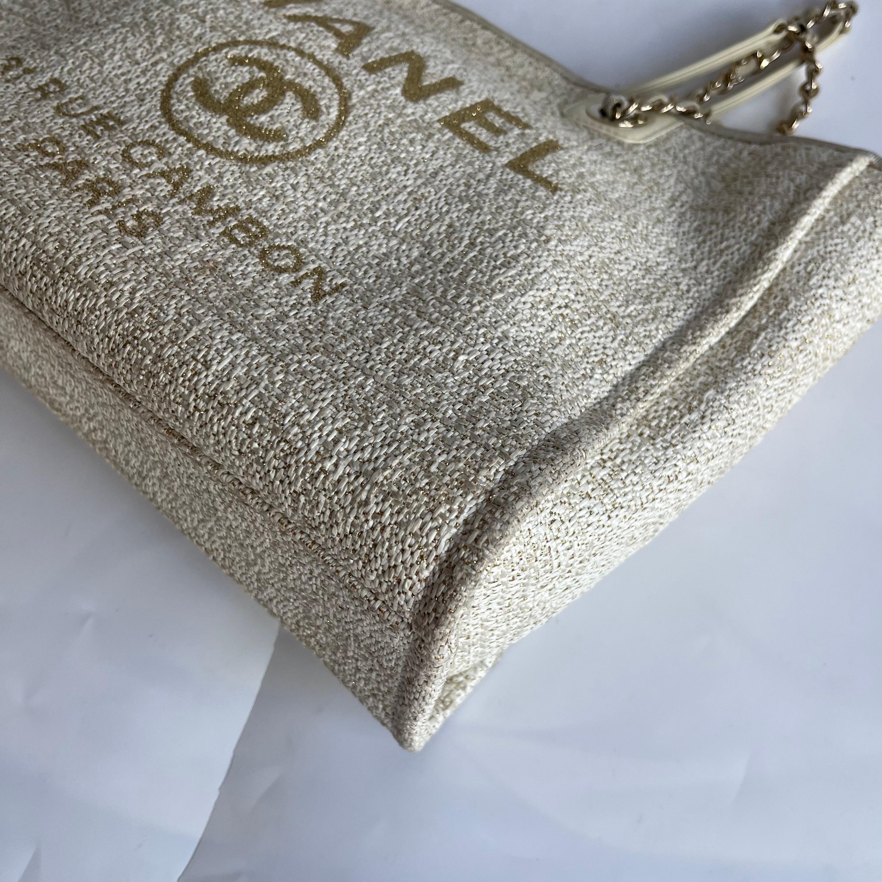 Chanel Deauville Tote Gold Beige Cloth Leather Chain Strap Small 34cm en vente 9