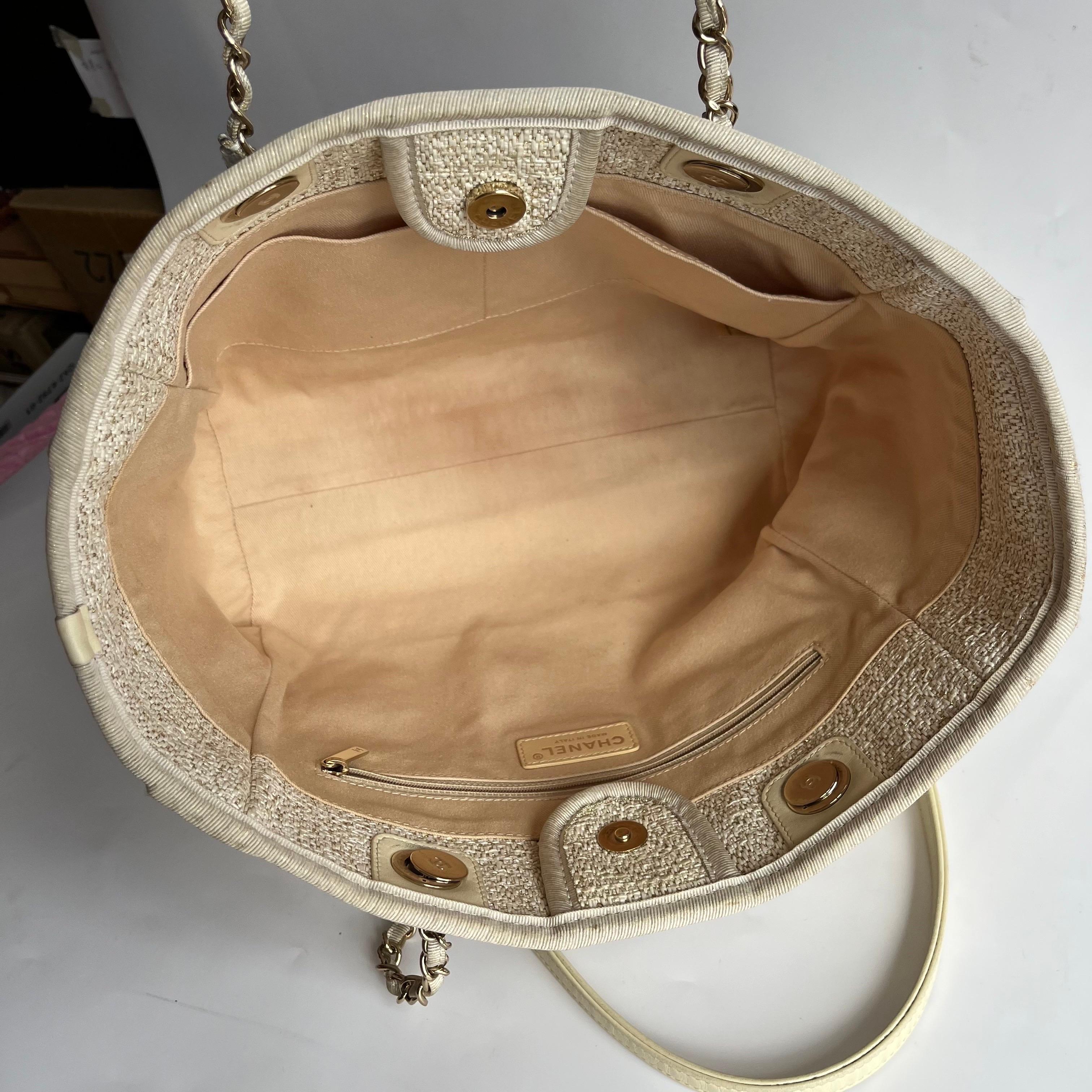 Chanel Deauville Tote Gold Beige Cloth Leather Chain Strap Small 34cm en vente 12