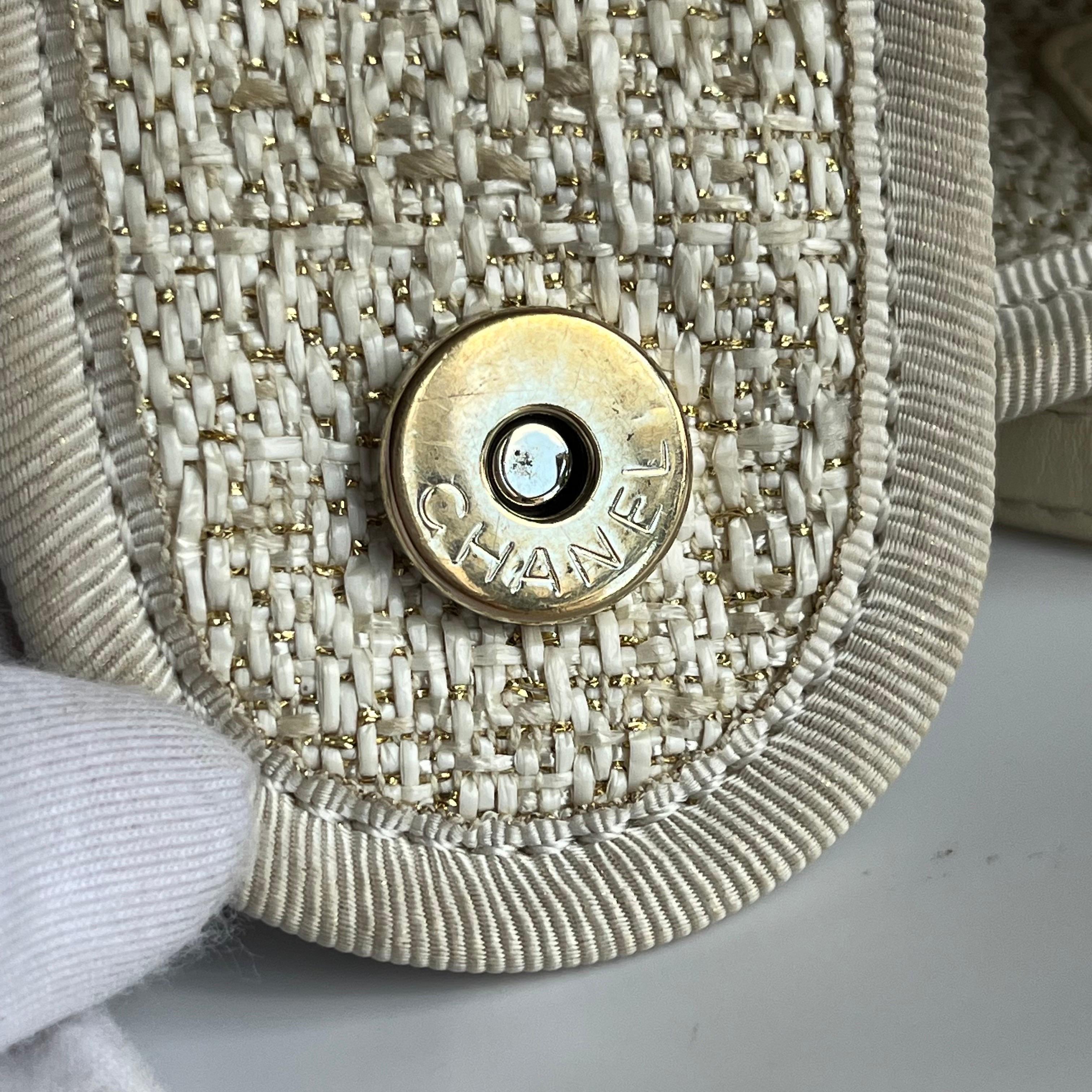 Chanel Deauville Tote Gold Beige Cloth Leather Chain Strap Small 34cm en vente 13