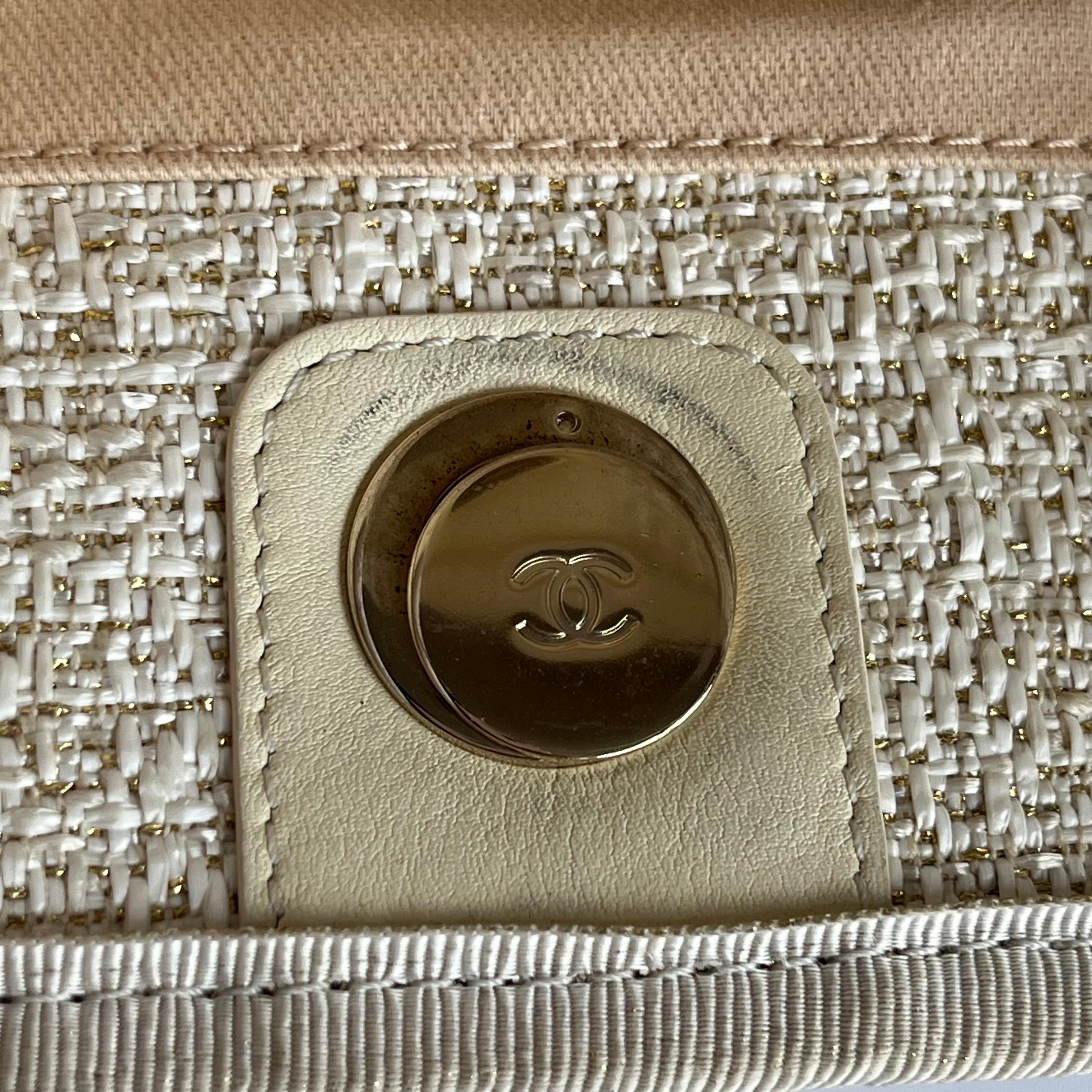 Chanel Deauville Tote Gold Beige Cloth Leather Chain Strap Small 34cm en vente 14