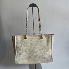Chanel Deauville Tote Gold Beige Cloth Leather Chain Strap Small 34cm