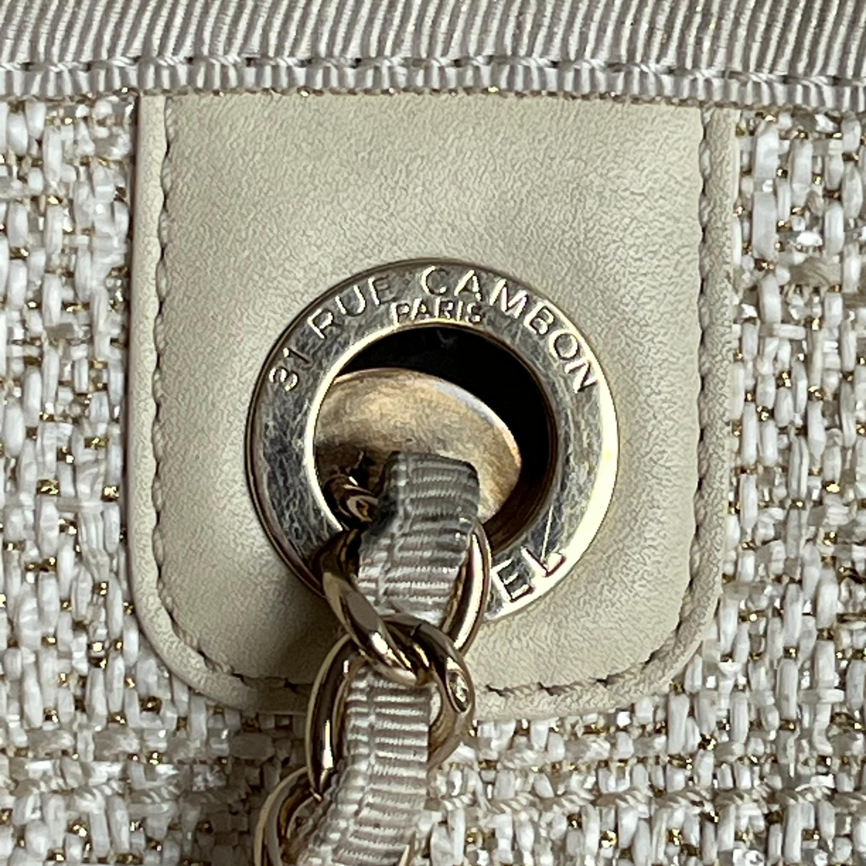 Chanel Deauville Tote Gold Beige Cloth Leather Chain Strap Small 34cm en vente 15