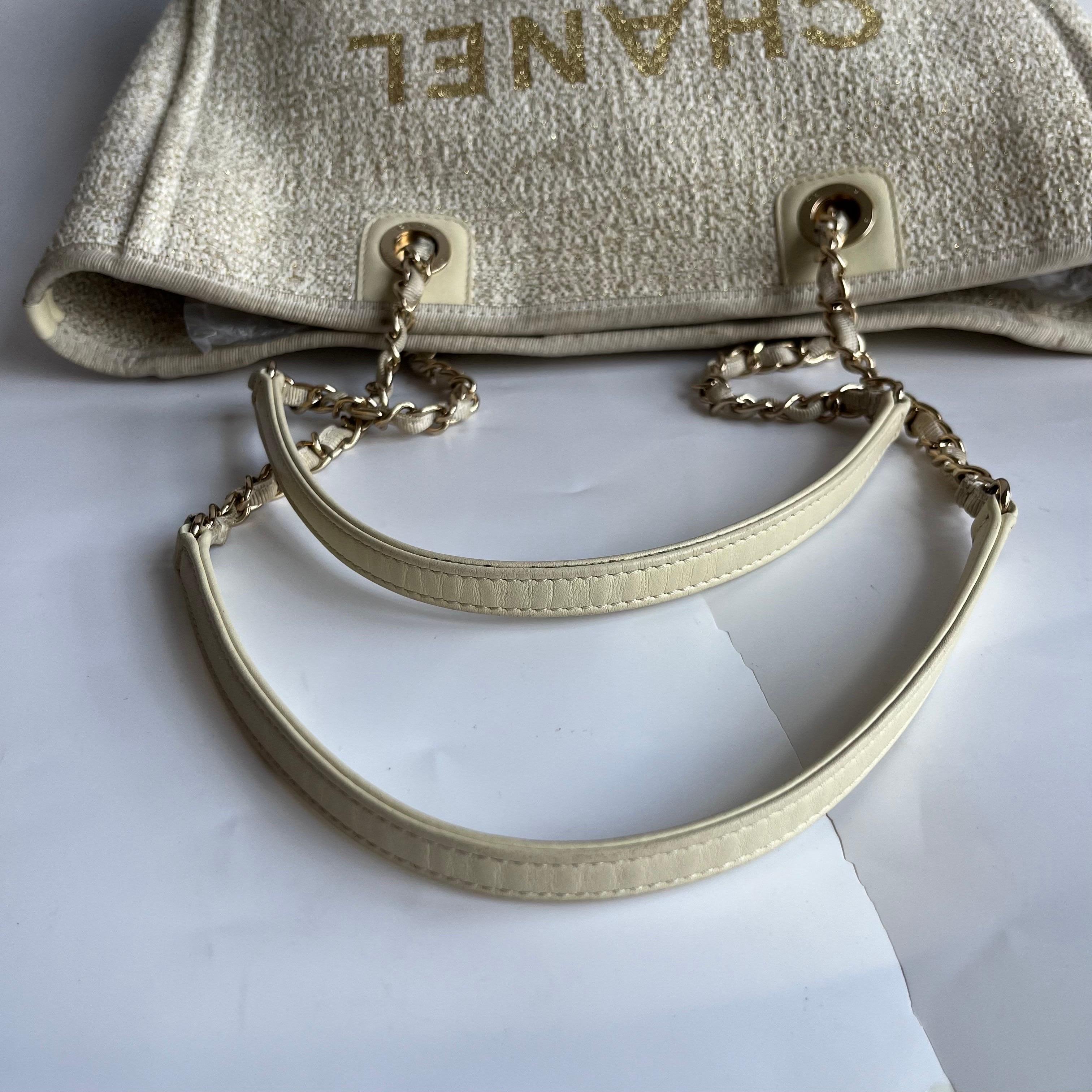 Chanel Deauville Tote Gold Beige Cloth Leather Chain Strap Small 34cm en vente 1