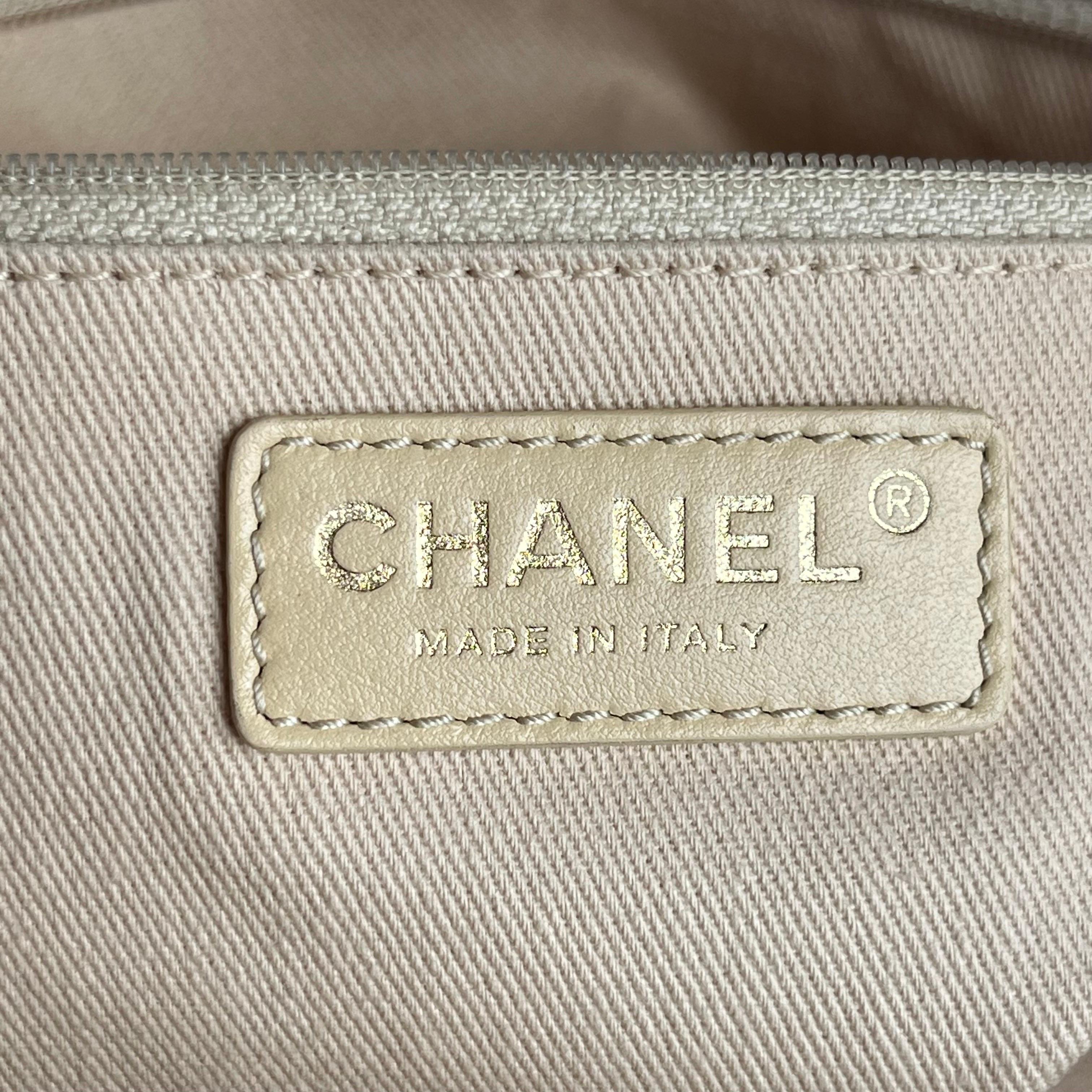 Chanel Deauville Tote Gold Beige Cloth Leather Chain Strap Small 34cm en vente 4