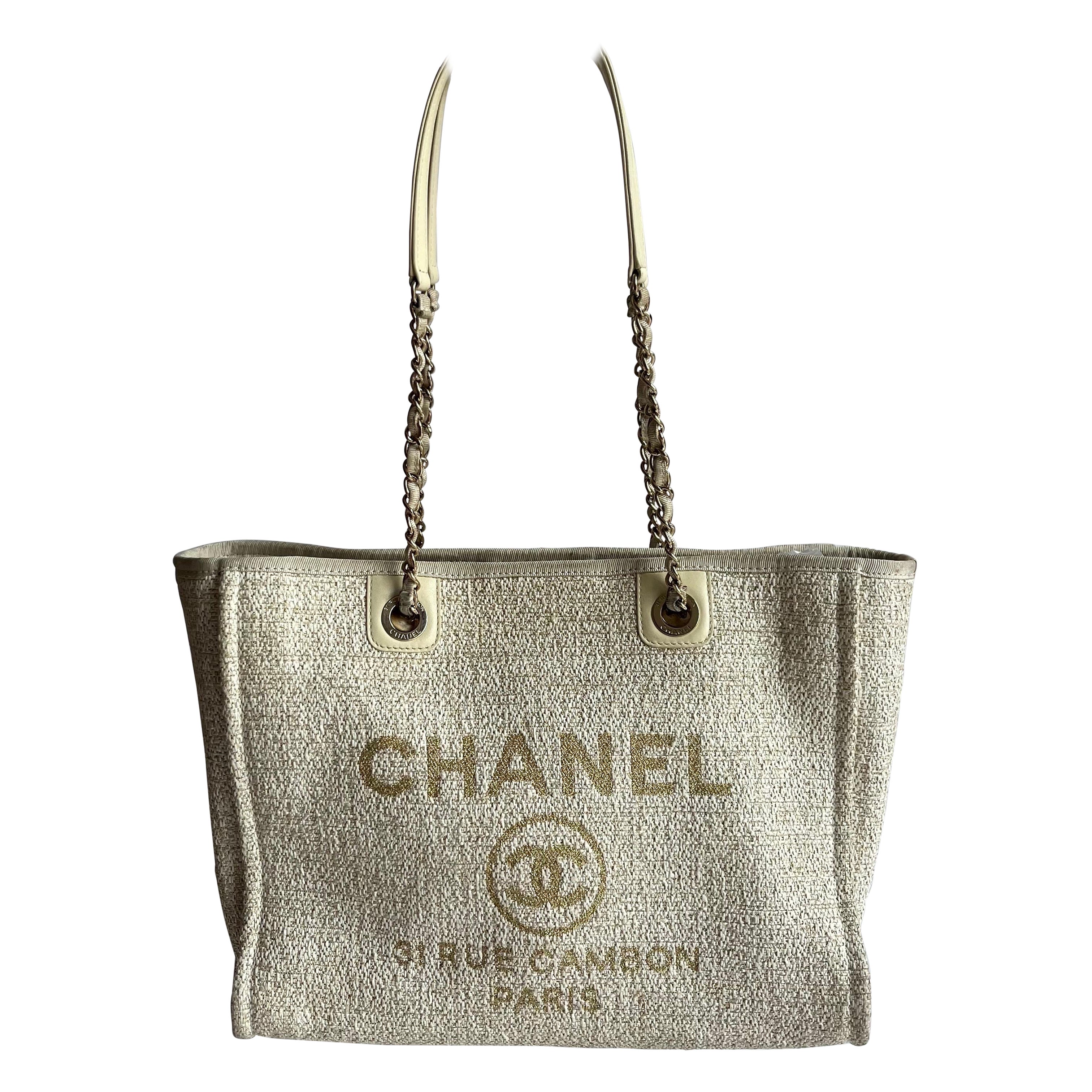 Chanel Deauville Tote Gold Beige Cloth Leather Chain Strap Small 34cm en vente