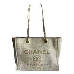 Chanel Deauville Tote Gold Beige Cloth Leather Chain Strap Small 34cm